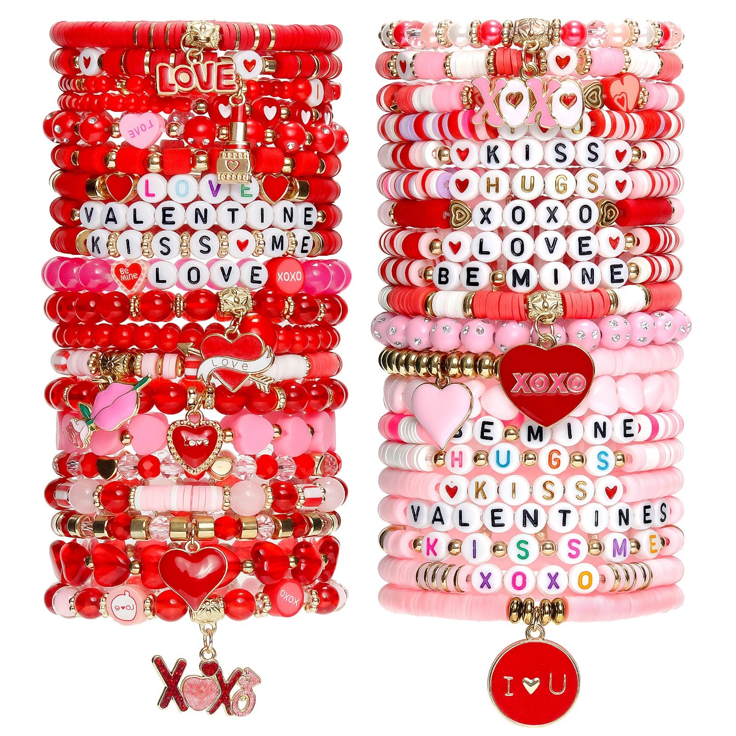Tinrbip 40 Pcs Valentines Bracelets Kit, Clay Stretch Valentine Bracelets for Women, Cute Love Kiss Heart Friendship Bracelet, Stackable Valentines Day Bracelet Bulk, Valentine's Day Jewelry