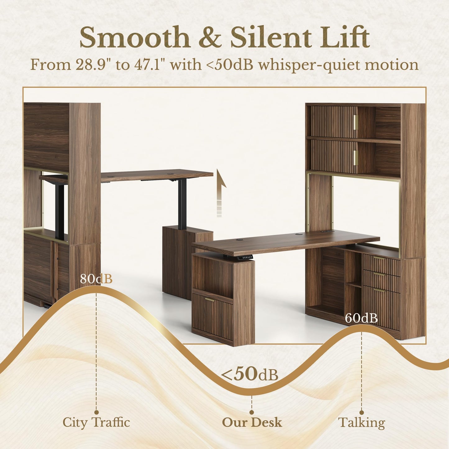 Perledesign 60'' L Shaped Standing Desk with Hutch, Fluted Executive Electric Desk with 2 Drawers and File Cabinet & Power Outlets, Corner Computer Desk with Storage for Home Office, Black Walnut