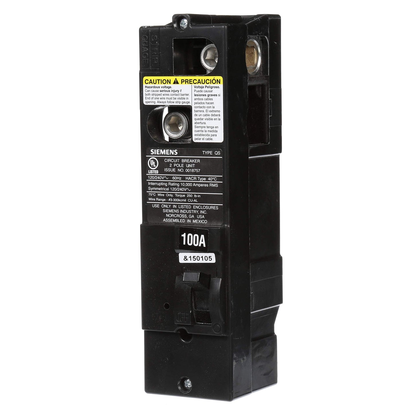 SIEMENS US2 QS2100 QS Type 100 Amp Multi-Family Main Breaker, 10 KAIC Rated, Black