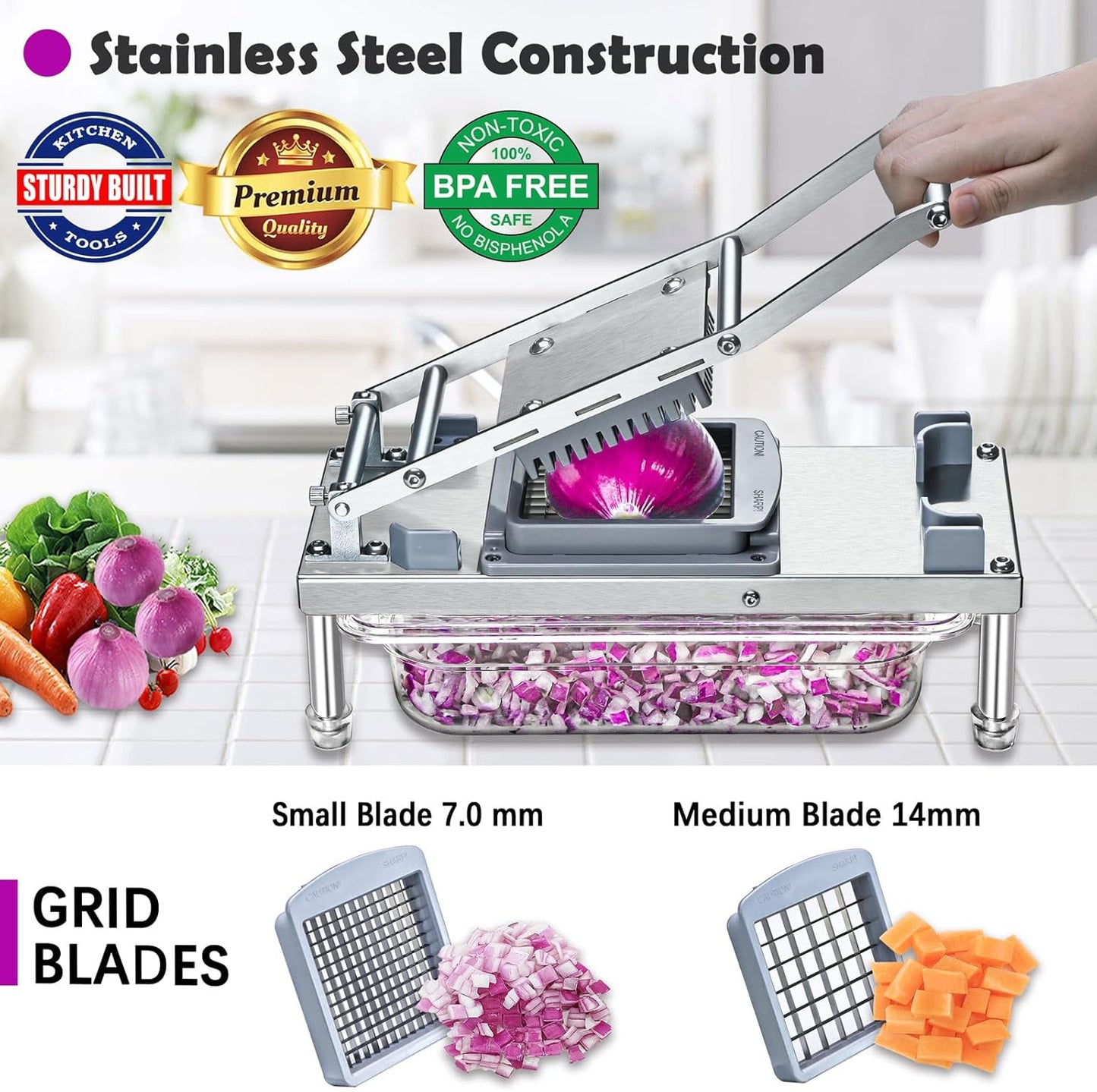 Skiennix All-in-1 Vegetable Chopper - 8 Blade Mandoline Slicer with Container | Stainless Steel Design