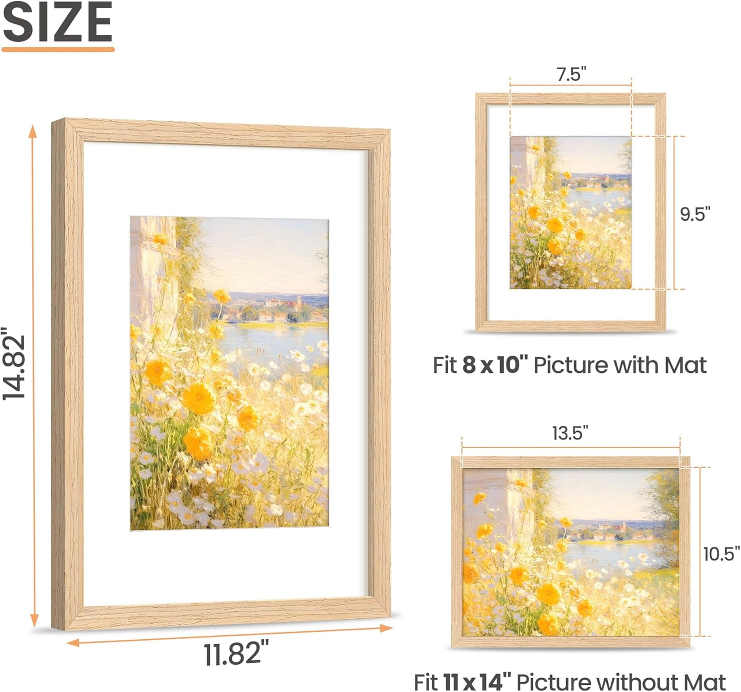 Upsimples 11x14 Picture Frame - Natural Solid Wood Frame for 8x10 or 11x14 Photos | Vertical & Horizontal Display