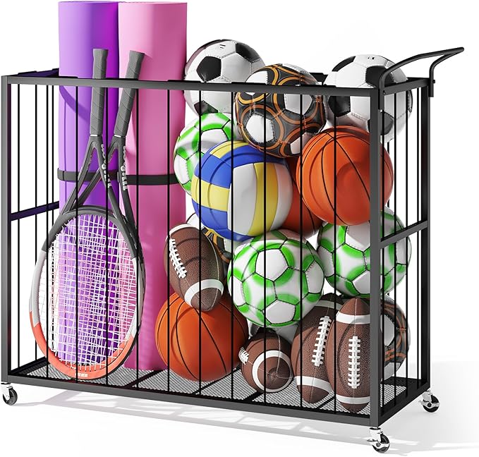 Ball Storage Bin Rolling Sports Ball Cart, Metal Garage Organizer Sport Rack, Ball Basket Storage, Ball Cage for Garage or Gym, Indoor & Outdoor Sports Equipment Organizer
