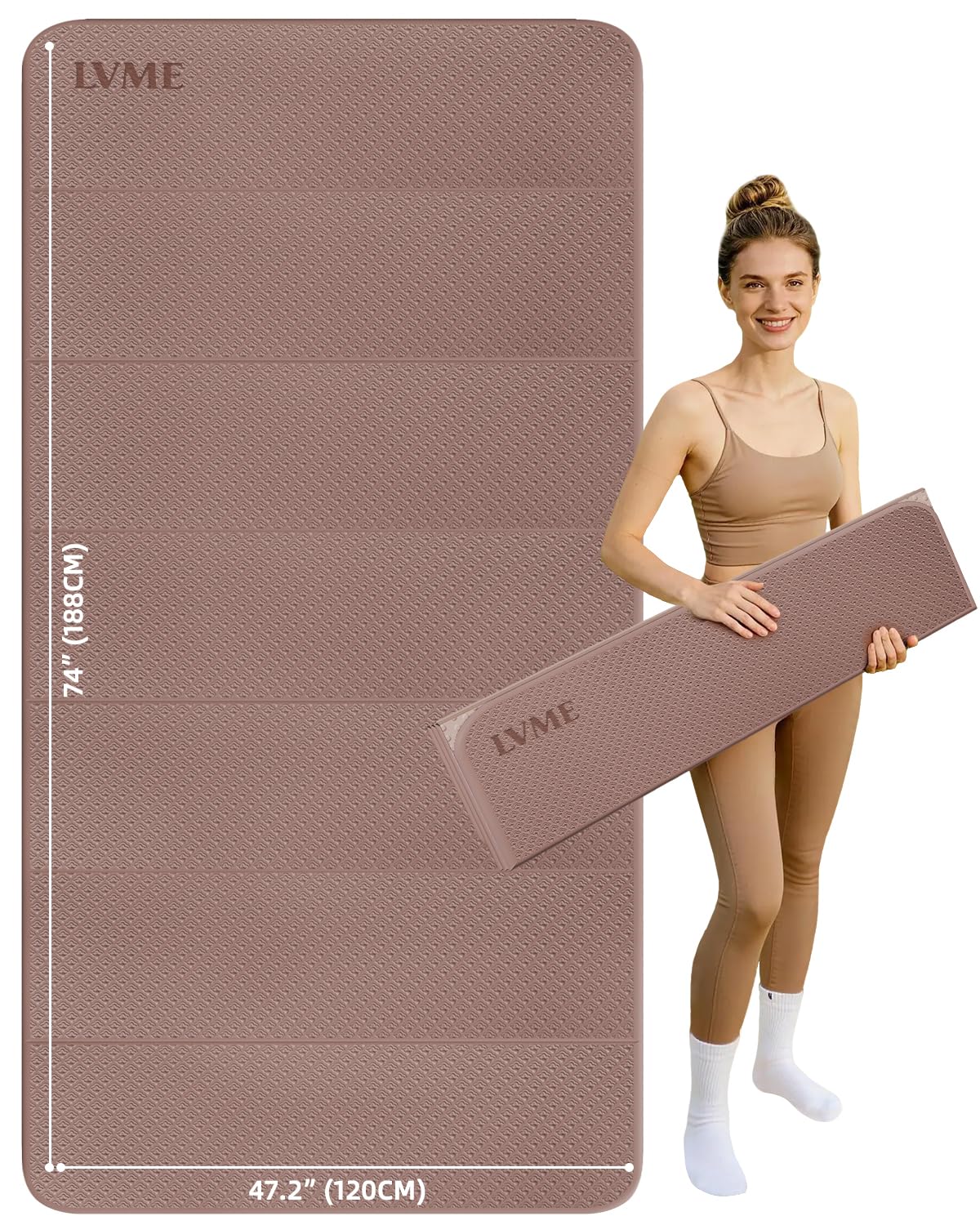 Large Yoga Mat, 75"x48" Extra Wide & Long Yoga Mat, 0.4" Thick Folding Exercise Mat, 2-Person Workout Mat for Home Gym, Extra Large Non-Slip Fitness Mat for HIIT, Yoga, Stretching, Portable Design for Easy Storage (Brown+Apricot)