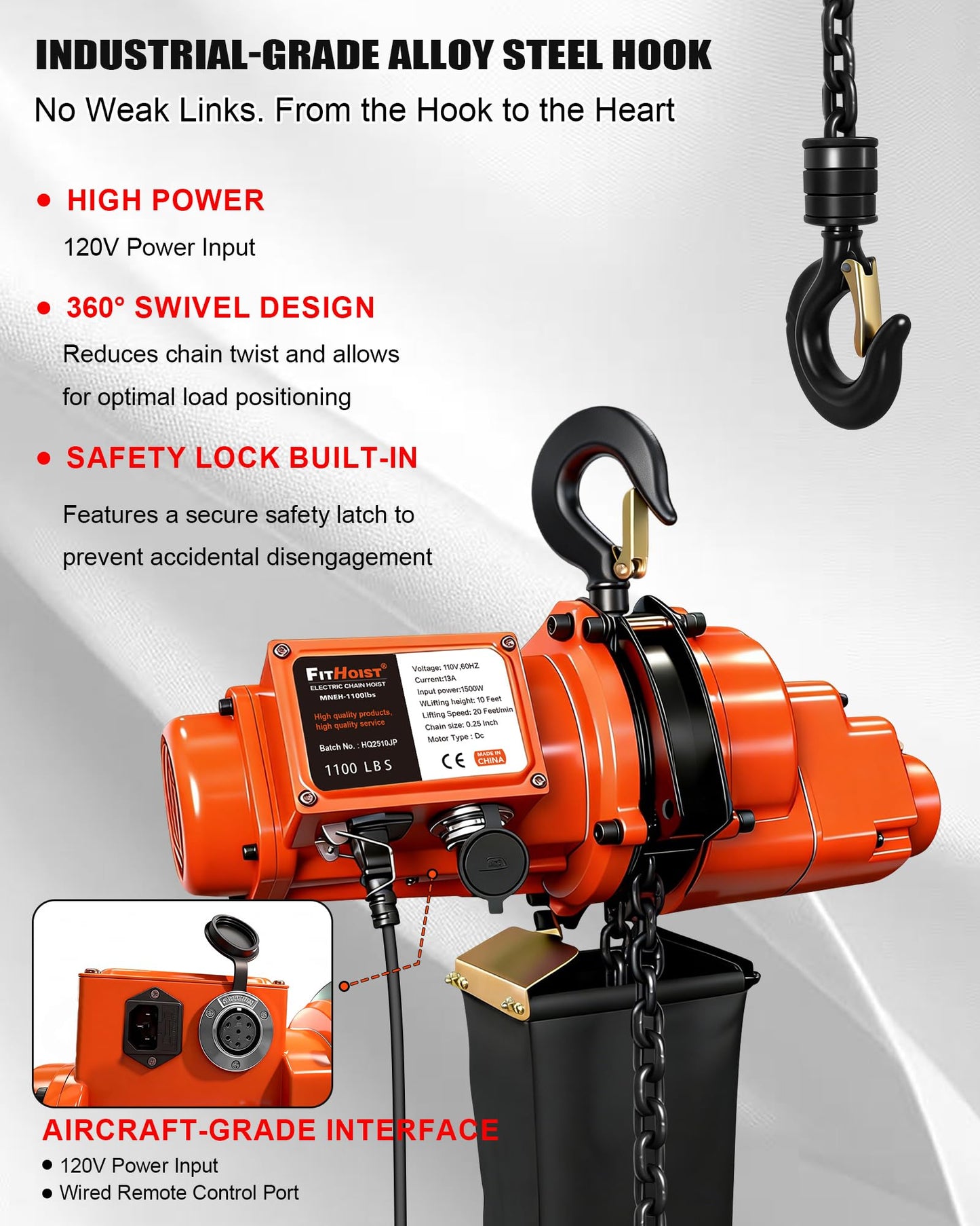 FITHOIST Electric Chain Hoist, 1100 lbs Electric Hoist with 20 ft Wired Remote Control, 10 ft Lifting Height, 1500w Single Phase Overhead Crane with Chain for Factories, Warehouses, Garages, Home