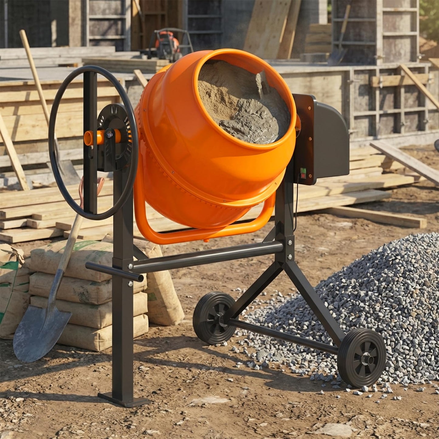 TABU 3 Cu.Ft. Electric Cement Mixer, Portable Concrete Mixer, Mortar Mixing for Seeds/Stucco, Freestanding Cement Mixing Tools with Wheels for Stucco