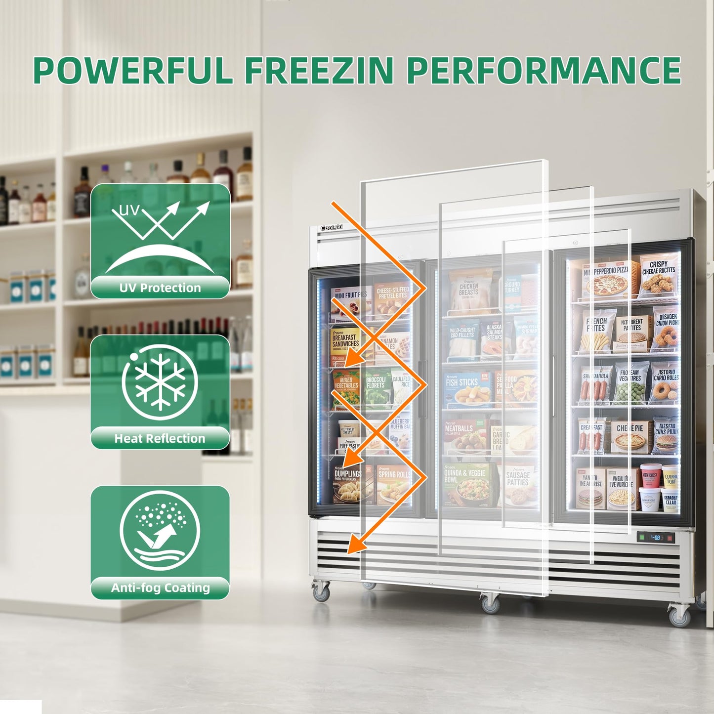 Coolski Commercial Display Freezer with 3 Glass Door, 47.2 Cu.ft. Upright Merchandiser Freezer for Ice Cream and Frozen Food, Adjustable Shelves, Auto Defrost, LED Lighting, ETL DOE Certified