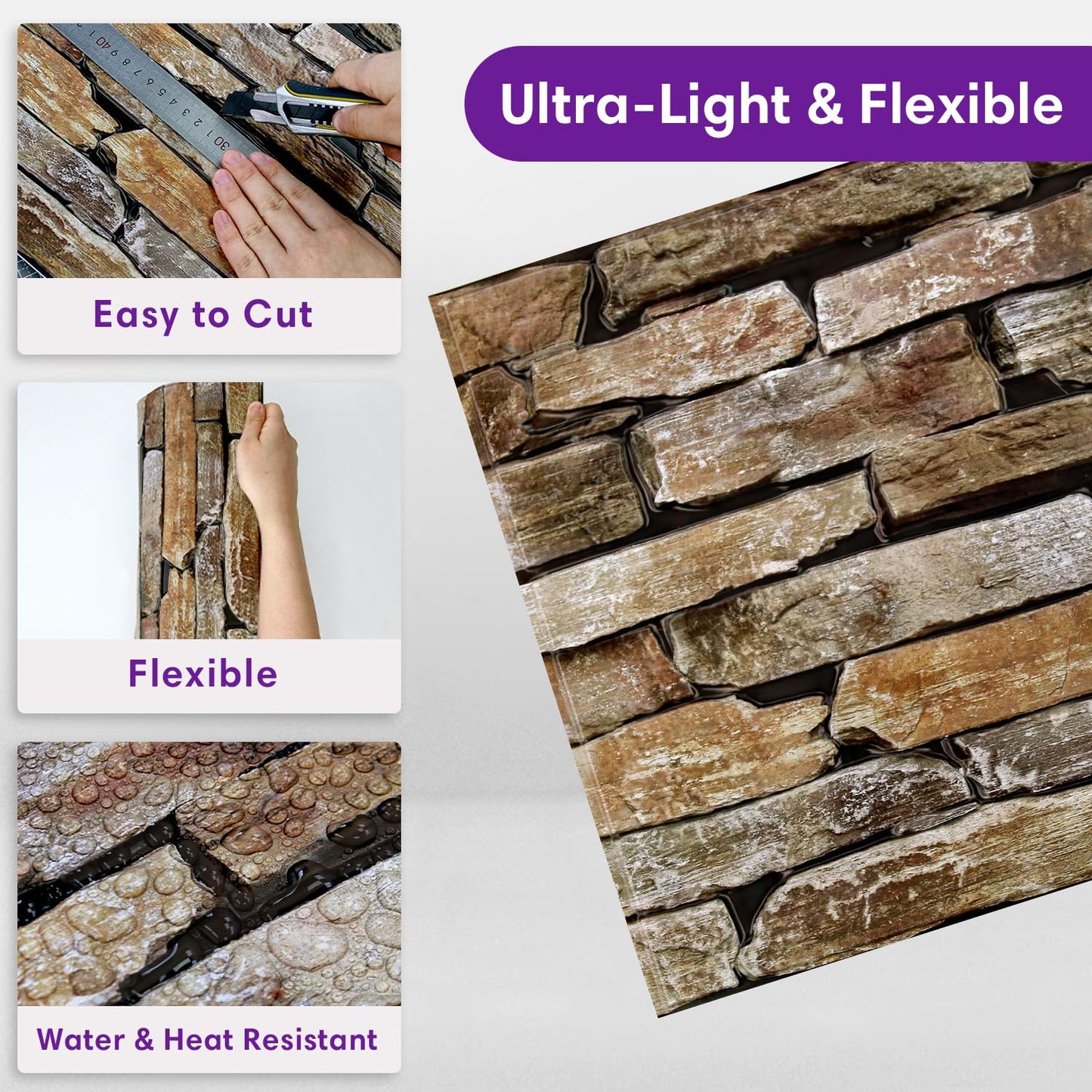 SMOOSTIKC 3D Faux Stone Wall Panels Peel and Stick, 10 Pcs 11.8" x 11.8", Stone-Look Textured Wall Sticker, Ultra-Light Thin PVC Fake Stone Wall Covering Tiles for Quick DIY, Brown with Green