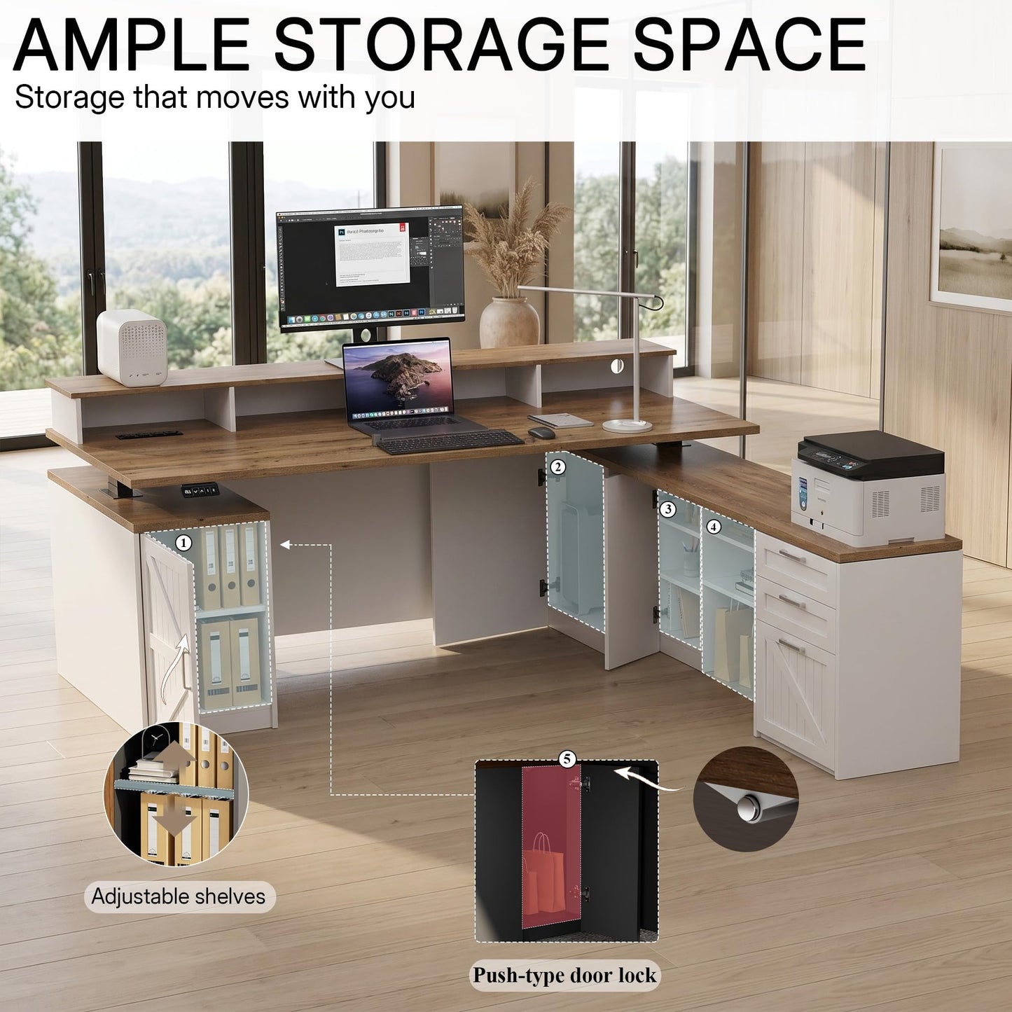 ZIMASYA 71" L Shaped Executive Desk with Table Board & File Cabinet Drawers Outlet USB,Height Adjustable Desk Privacy Panel Sit-Stand Workstation for Boss Managers Office Home,Walnut & White