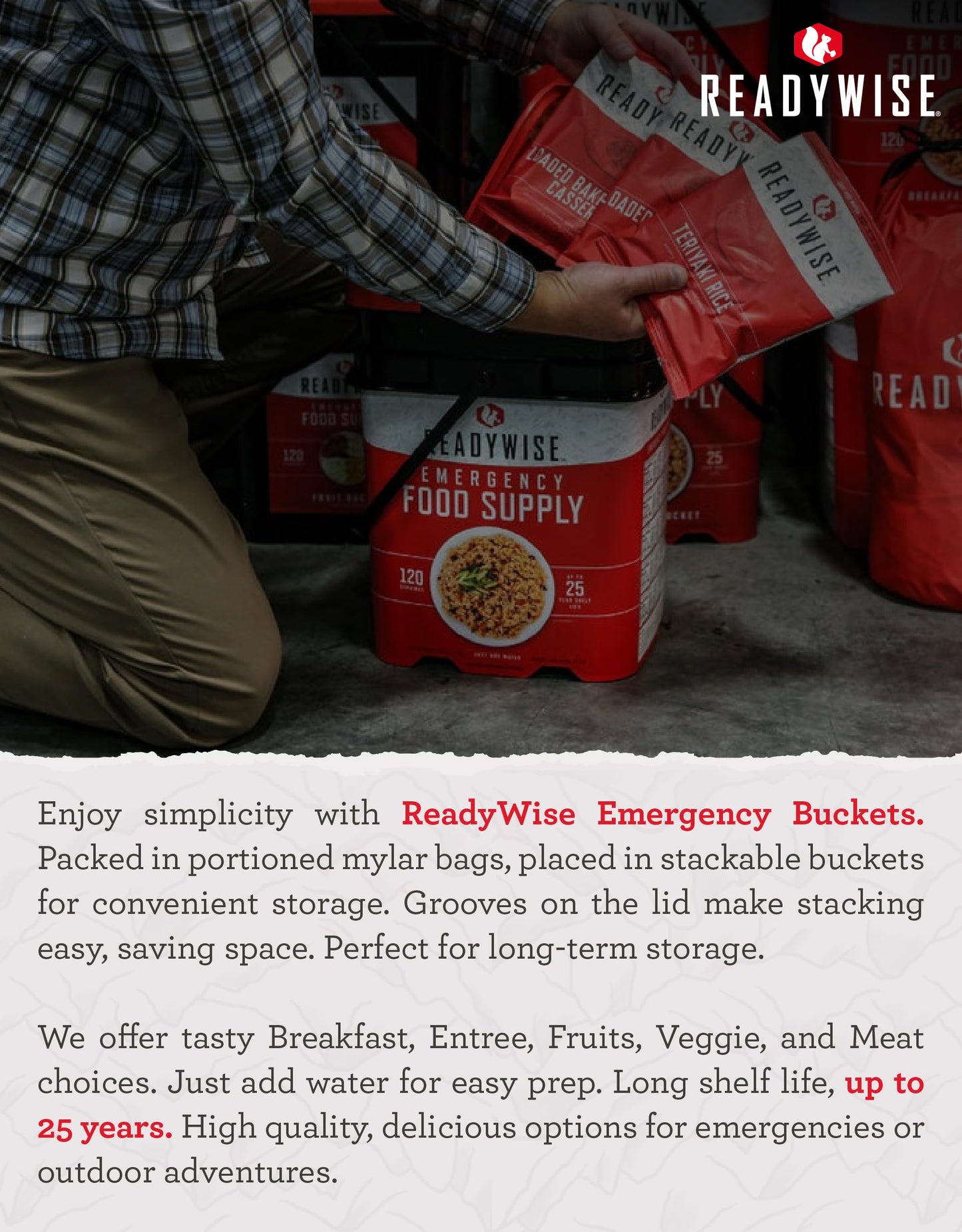 ReadyWise Emergency Food Supply - 84 Servings Breakfast & Entrée Bucket, Protein Meals, Dehydrated & Freeze Dried Food for Backpacking, Camping Essentials & Prepping Supplies, up to 25 Year Shelf Life