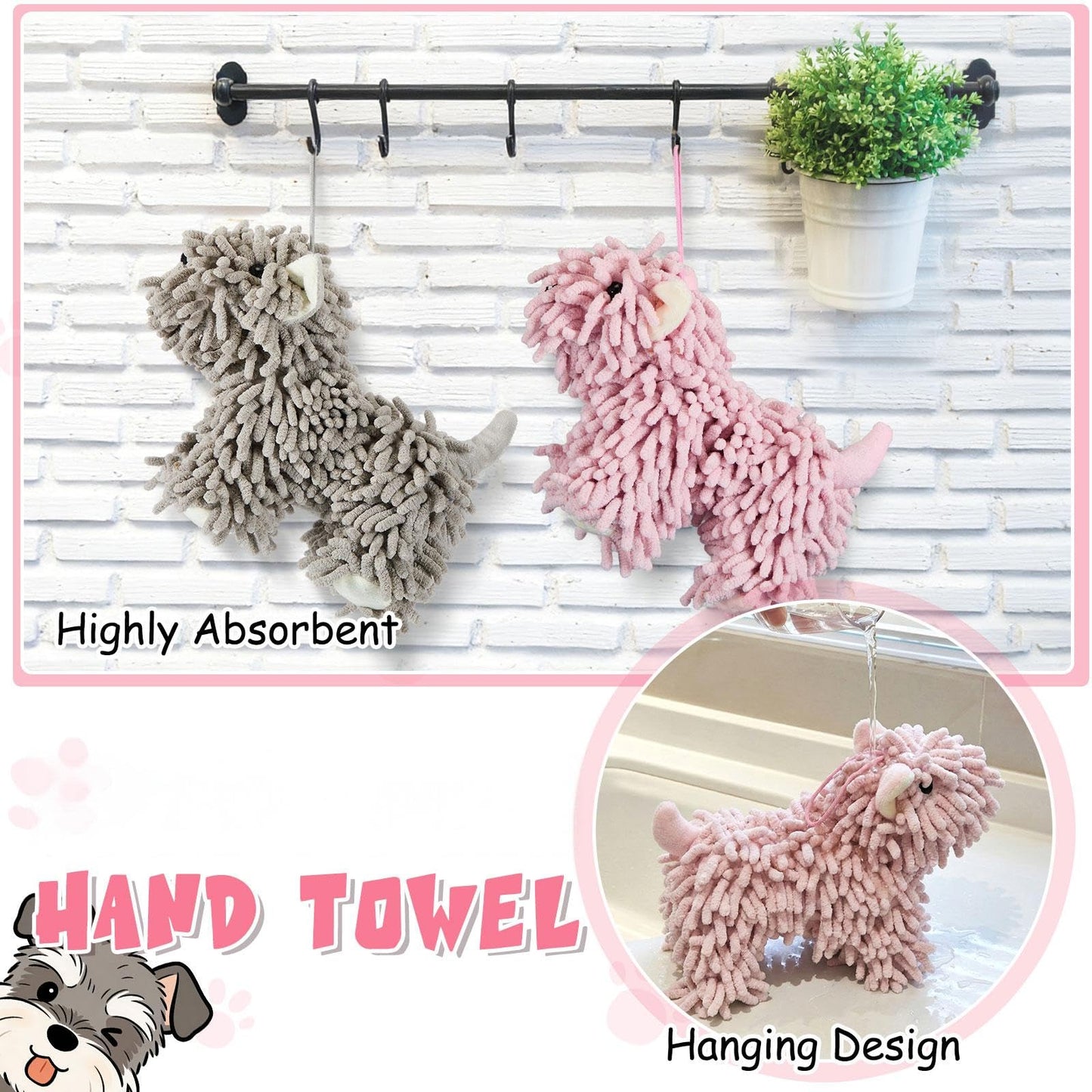 Tegeme 2 Pcs Chenille Dog Hand Towel Fuzzy Dog Towel Absorbent Microfiber Soft for Bathroom Kitchen Washstand (Grey Pink)