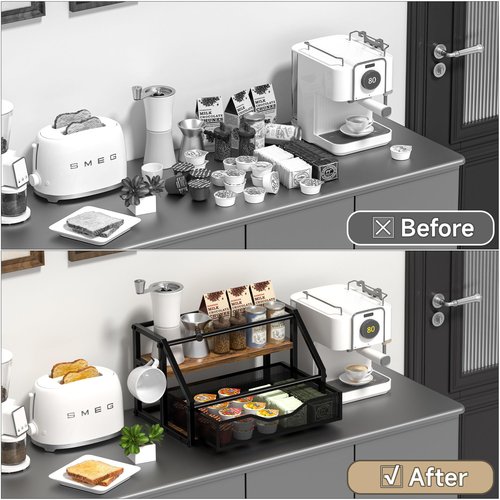 Homedawn Coffee Syrup Rack Organizer, Syrup Bottle Holder Stand for Coffee Bar, 2-Tier 8 Bottles Storage Shelves for Syrup, Wine, Dressing for Kitchen Countertop, Rustic Brown & Black