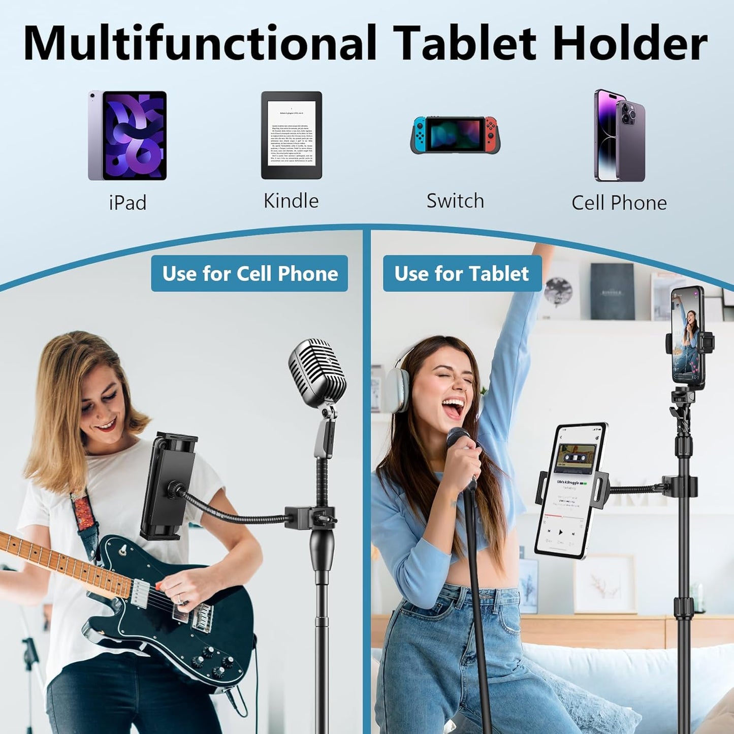 Evekea 4.7-12.9" Gooseneck Tablet Holder, iPad Holder for Stroller/Treadmill/Golf Cart/Boat/Mic Stand/Wheelchair/Gym