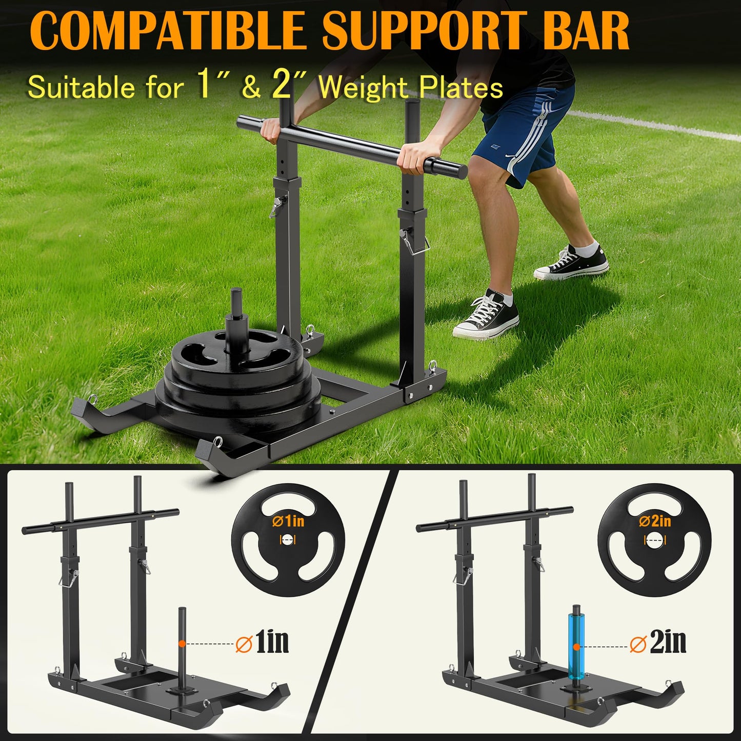 GanFindX Adjustable Weight Sled with Straight Handlebar for Push & Pull Training, Heavy Duty Fitness Sled with 5 Height Levels, Strength Speed Trainer, Fits 1"&2" Plates