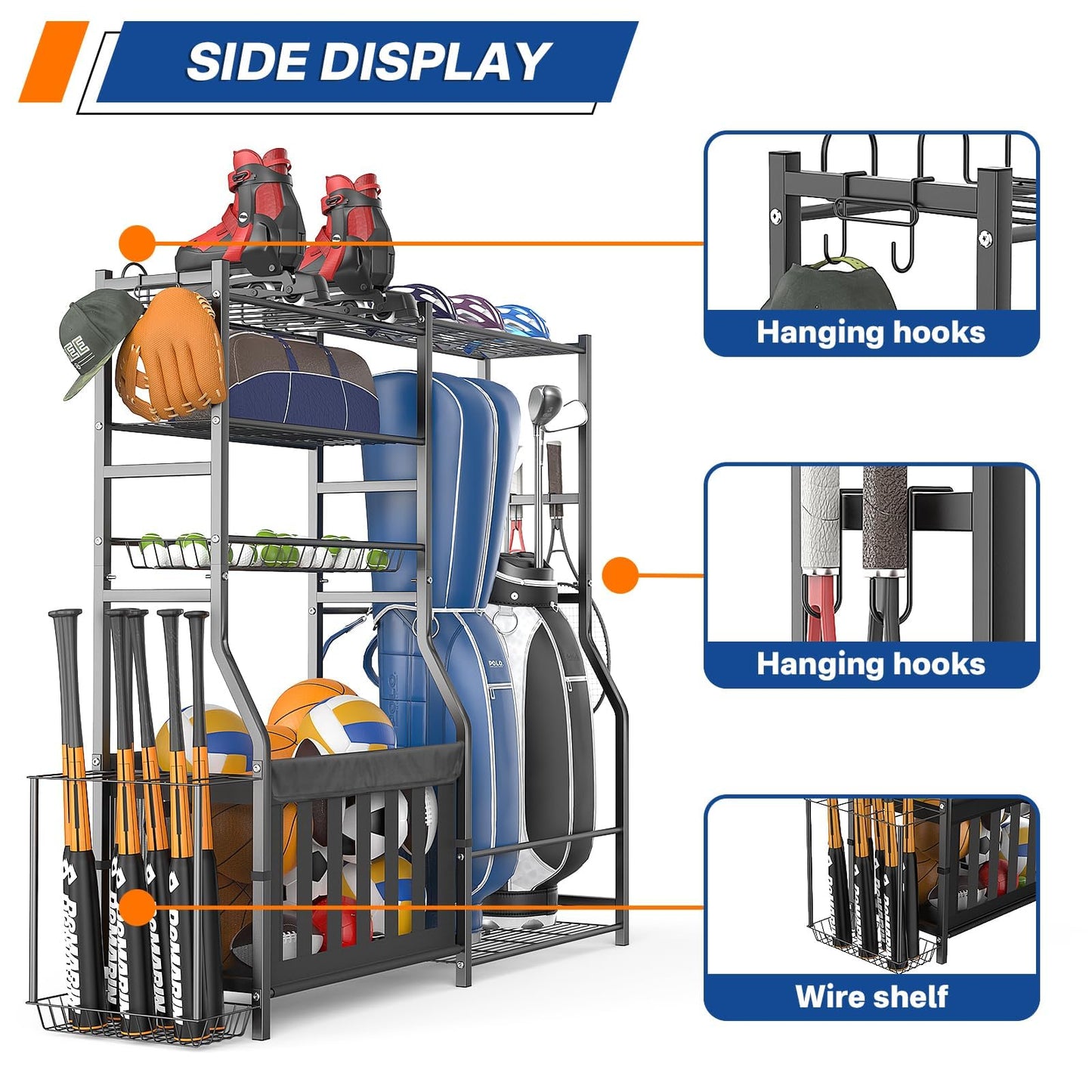 organizelink Heavy Duty Garage Sports Equipment Organizer, All-in-One Golf Bag Storage Rack & Multi-Sport Ball Holder for Basketballs, Bats & Kids Toys, Indoor/Outdoor Free Standing Gear Bin