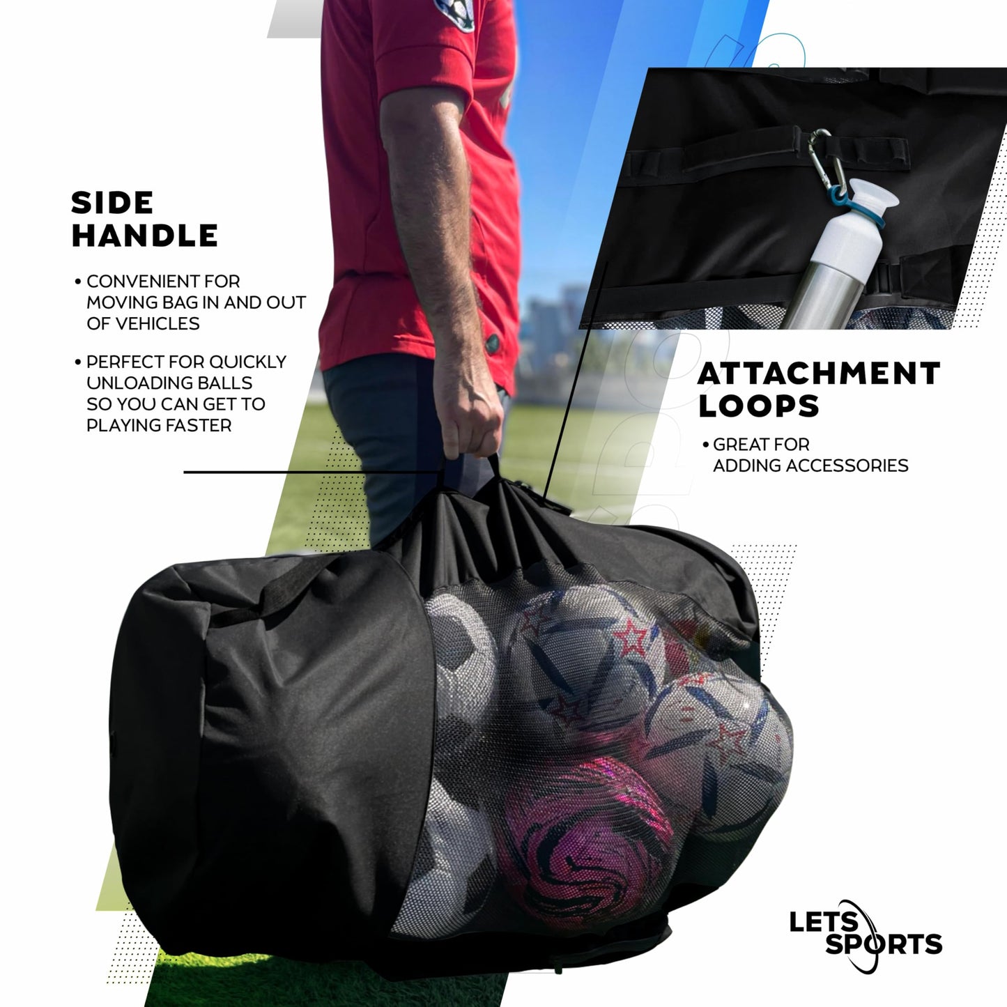 LETS Sports Soccer Ball Bag for Basketball, Volleyball & Football | Large Drawstring Ball Bags Mesh | Heavy-Duty Soccer Ball Bags for Coaches | Equipment Bag w/Shoulder Strap | 37" x 17" Black