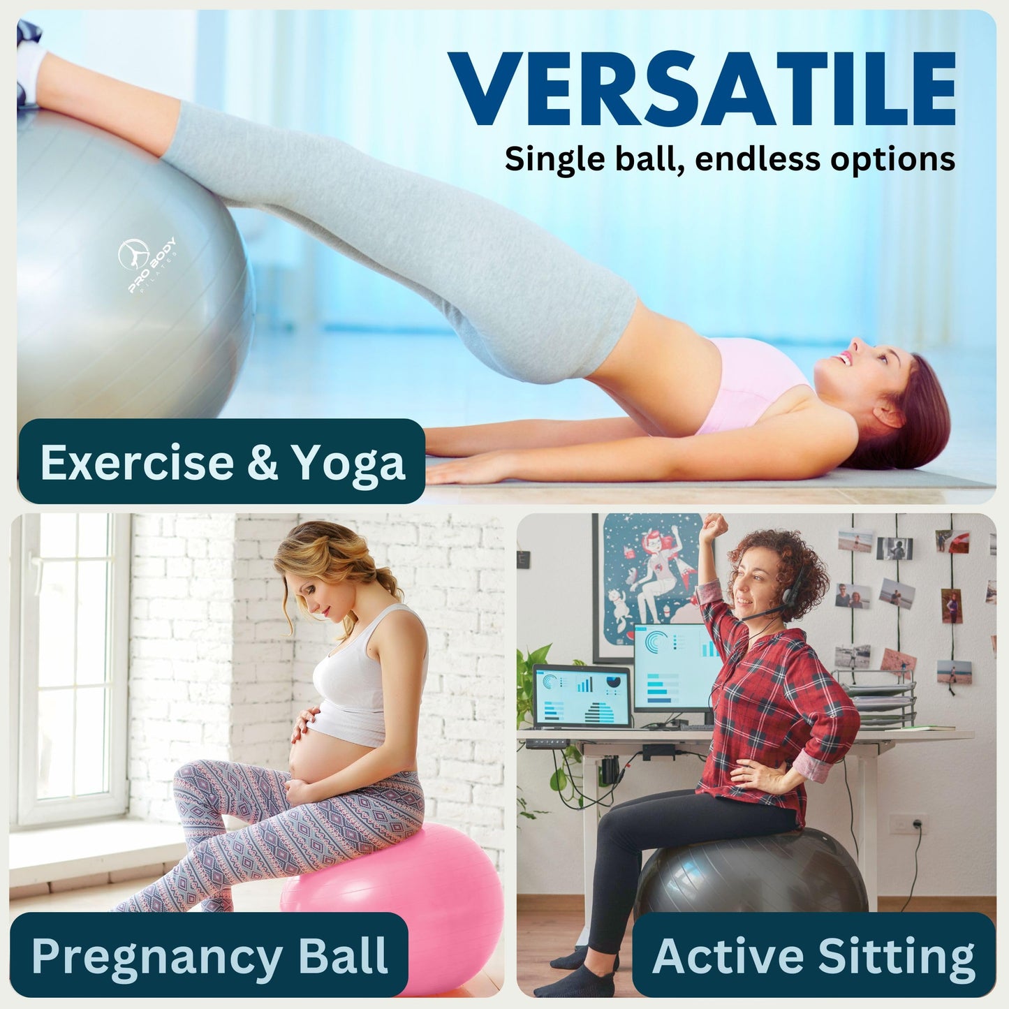 ProBody Pilates Exercise Ball - Multiple Sizes Gym Grade Balance Ball for Fitness, Workout, Pregnancy & Physical Therapy, Stability Yoga Ball Chair (Blue, 65cm)