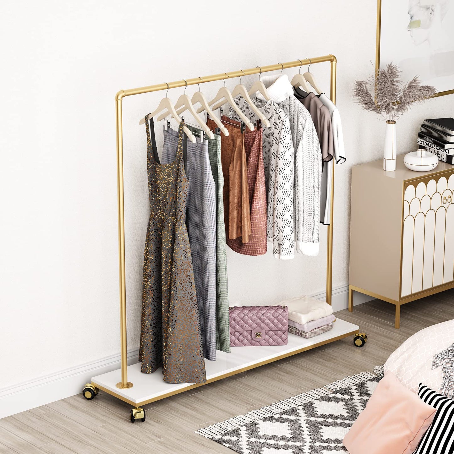 FONECHIN Gold Metal Clothing Rack with Wood Shelf, Heavy Duty Rolling Garment Rack with Wheels for Bedroom Retail Boutique Use (61L inches)