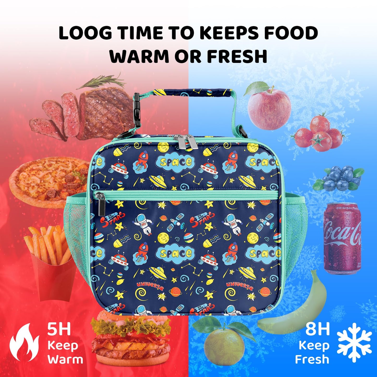 ZAZIWZ Lunch Bag for Kids Insulated Lunch Boxe for Girls Boys Reusable Cooler Tote Small Lunchbag Back to School Cute Lunchbox for Teens 02 (Space)