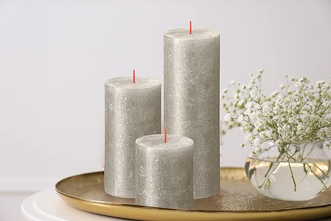 BOLSIUS Silver Shimmer Metallic Pillar Candles 4 Pack - 2.75 X 7.5 Inches - Premium European Quality - Includes Natural Plant-Based Wax - Unscented Dripless Smokeless 85 Hour Party Décor Candles