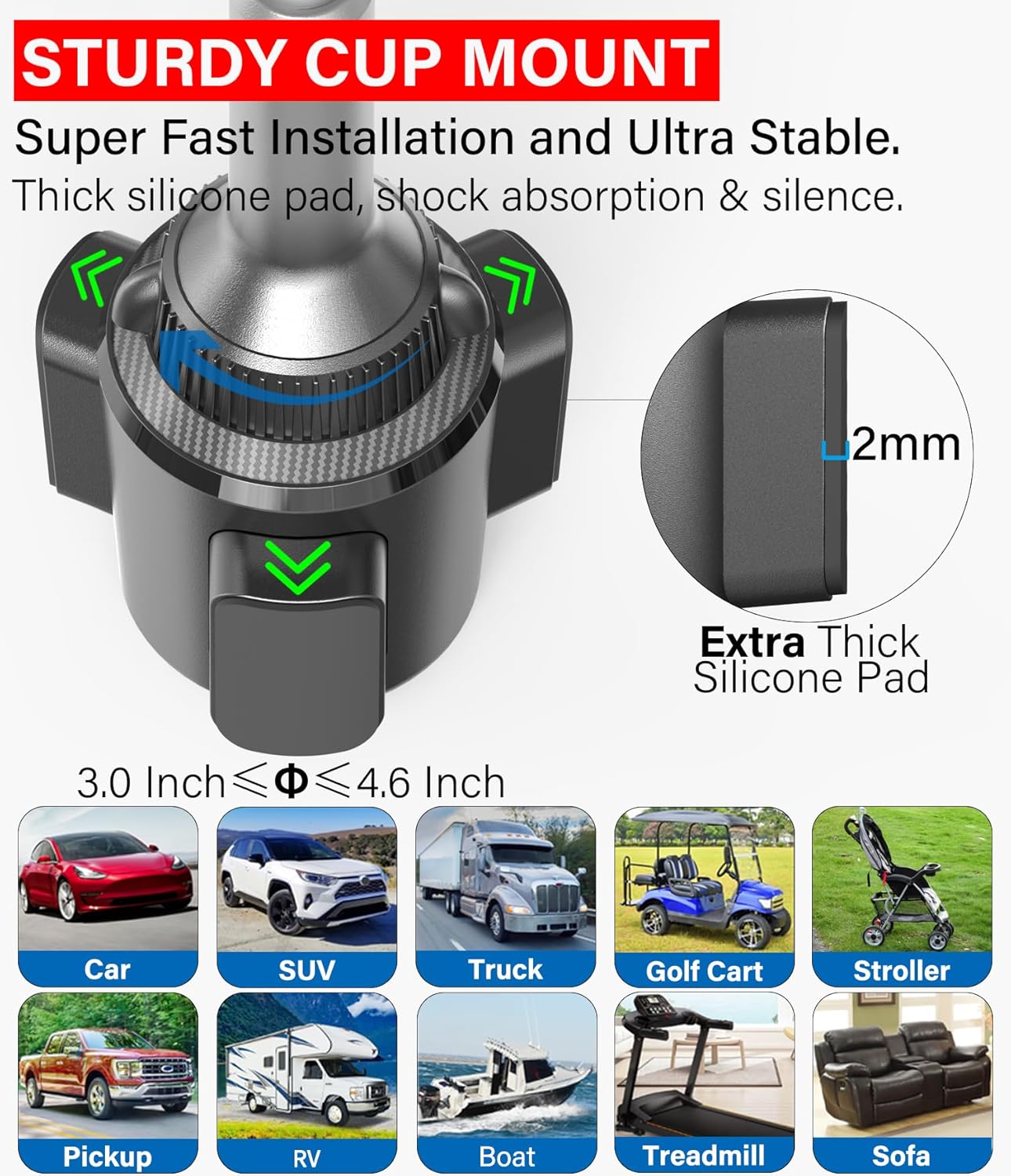 APPS2Car 4.7-13" Solid Cup Holder Tablet Mount for Car, Adjustable Height iPad Car Mount for Truck Low Profile Road
