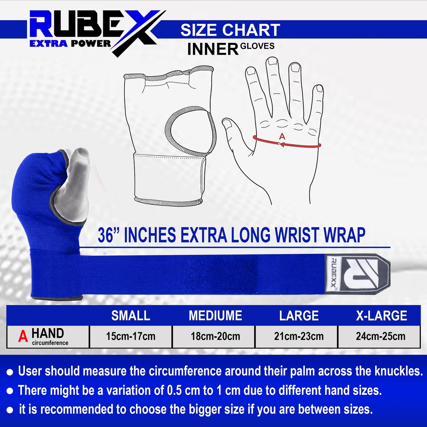 RUBEXX Slip on Boxing Hand Wraps Padded Thick Knuckle Inner Gloves 36 inches Elastic Wrist Strap Quick Wrap Under Mitts Martial Arts Muay Thai MMA Kickboxing Men Womem (Blue, S)
