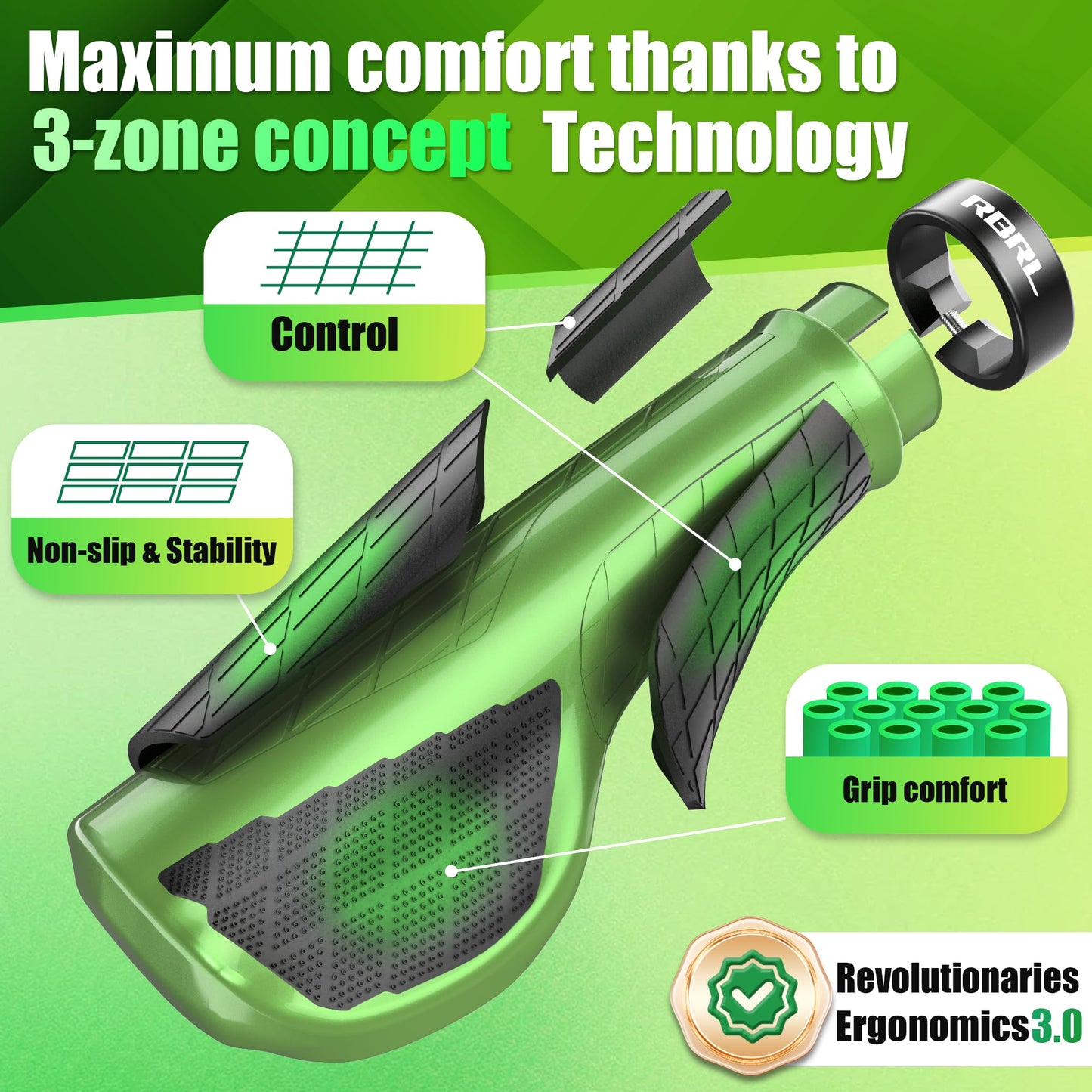 RBRL Bike Grips, Ergonomic, Non-Slip Rubber Handlebar Grips with Aluminium Alloy Lock-On Design, 3-Zone Comfort Bicycle Grips for MTB, E-Bike, BMX & Trekking Bikes