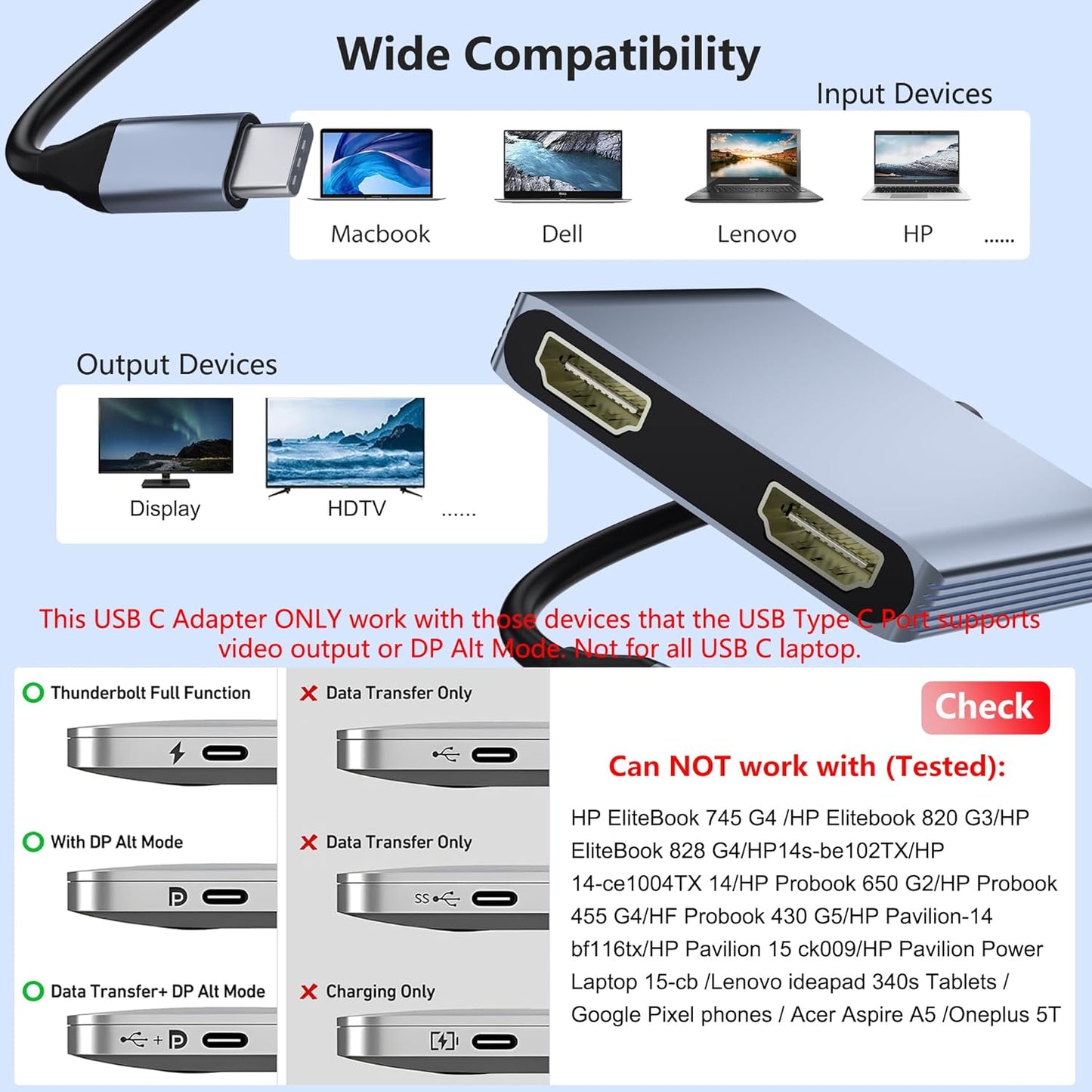 Closs 2 4K@60Hz 4K@30Hz. USB C to Dual HDMI Adapter, Docking Station Dual Monitor, Type C to HDMI Splitter