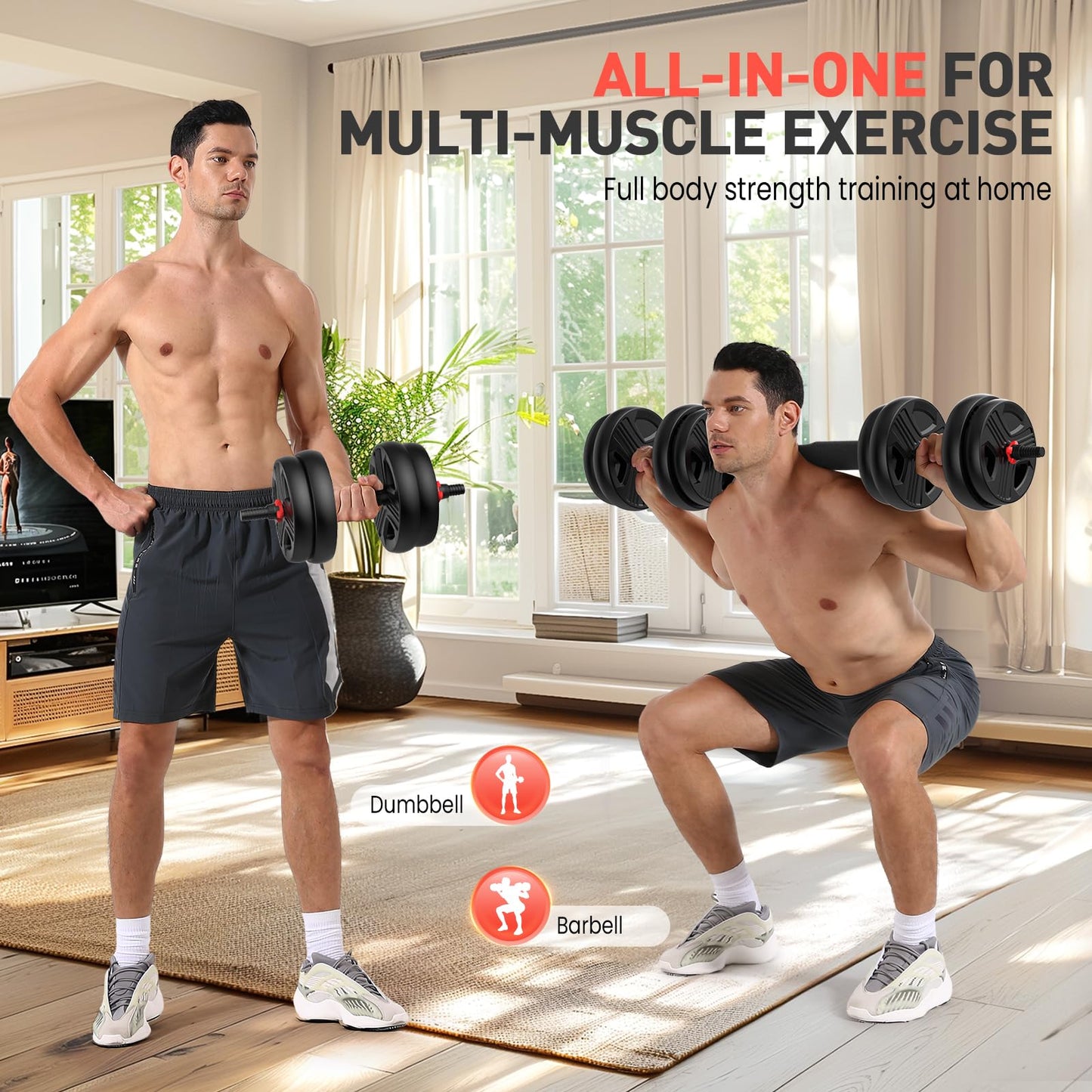 UKEEP Adjustable Dumbbells Set, 30lbs Free Weight Set with Connector, 2 or 3 in 1 Dumbbells Set Used as Barbell, Kettlebells, Fitness Exercises for Home Gym Suitable Men/Women