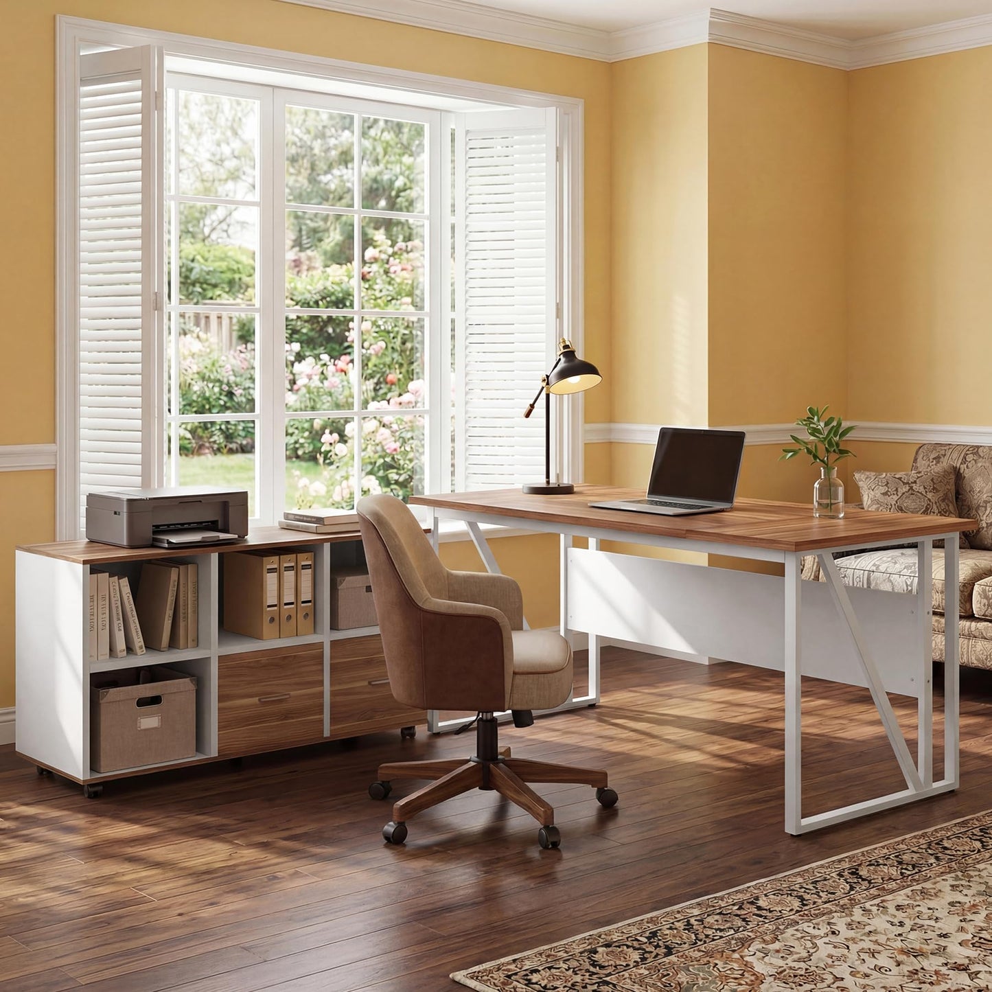 Tribesigns 63-Inch Executive Desk with 47" Mobile File Cabinet, L-Shaped Computer Desk with Drawers & Shelves, Large Industrial Home Office Desk Set with Storage (Light Brown & White)