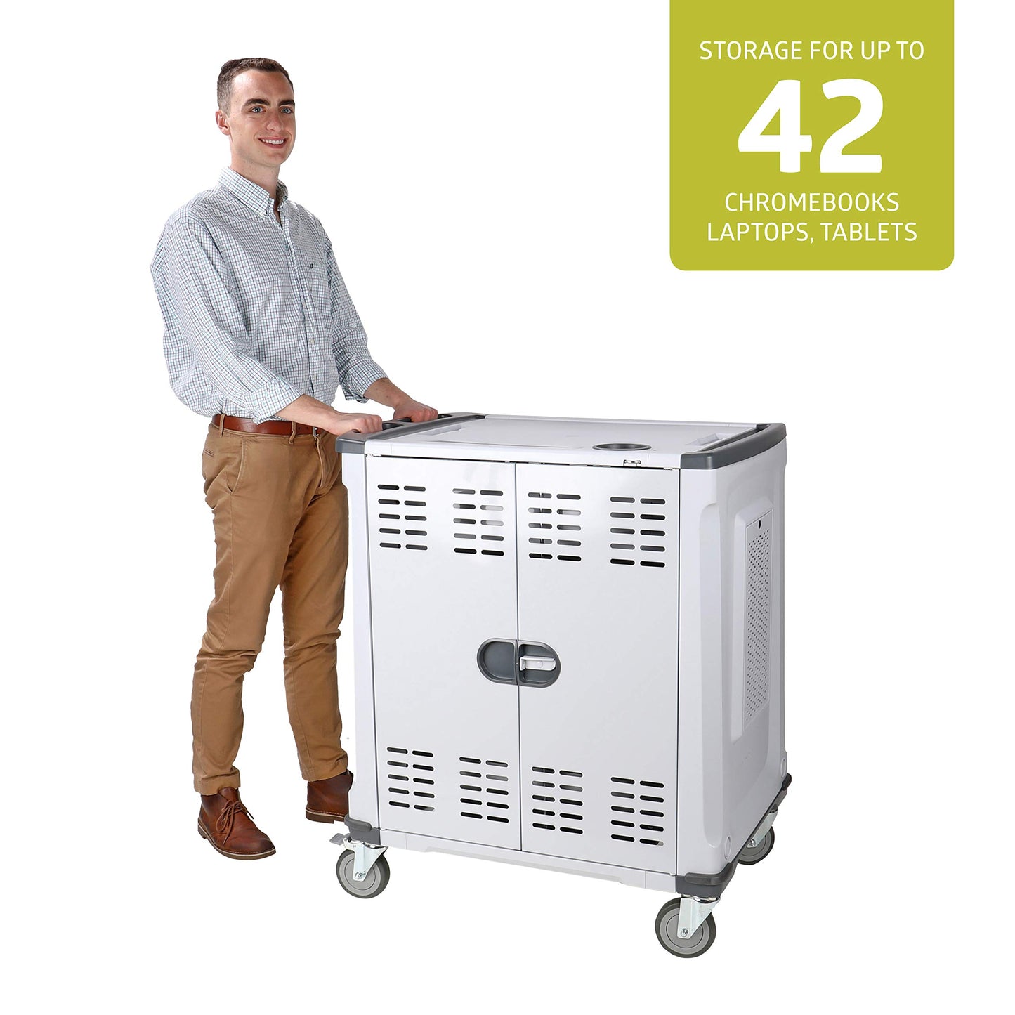Pearington - MN142VS Premium Fully Assembled Heavy-Duty Smart Charge 42 Device Mobile Storage Cart w/3 External Outlets, 4 Point High Security, Up to 15.6" Screen Size, 3 Pull-Out Shelves