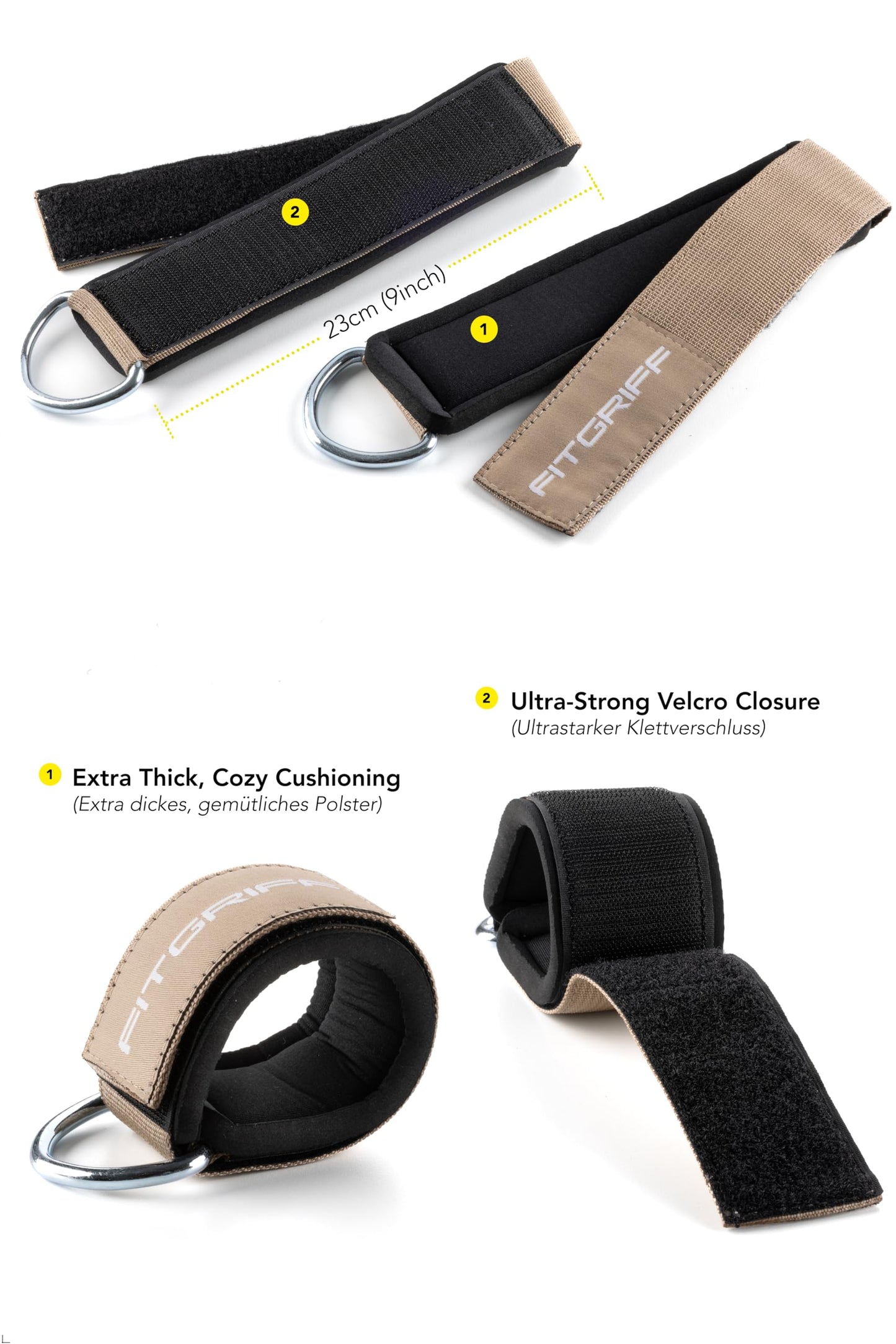 Fitgriff® Ankle Straps V2 for Cable Machine (2 Pieces) - Gym Workout Equipment - Leg Pulley Attachment, Kickback Straps (Sand)