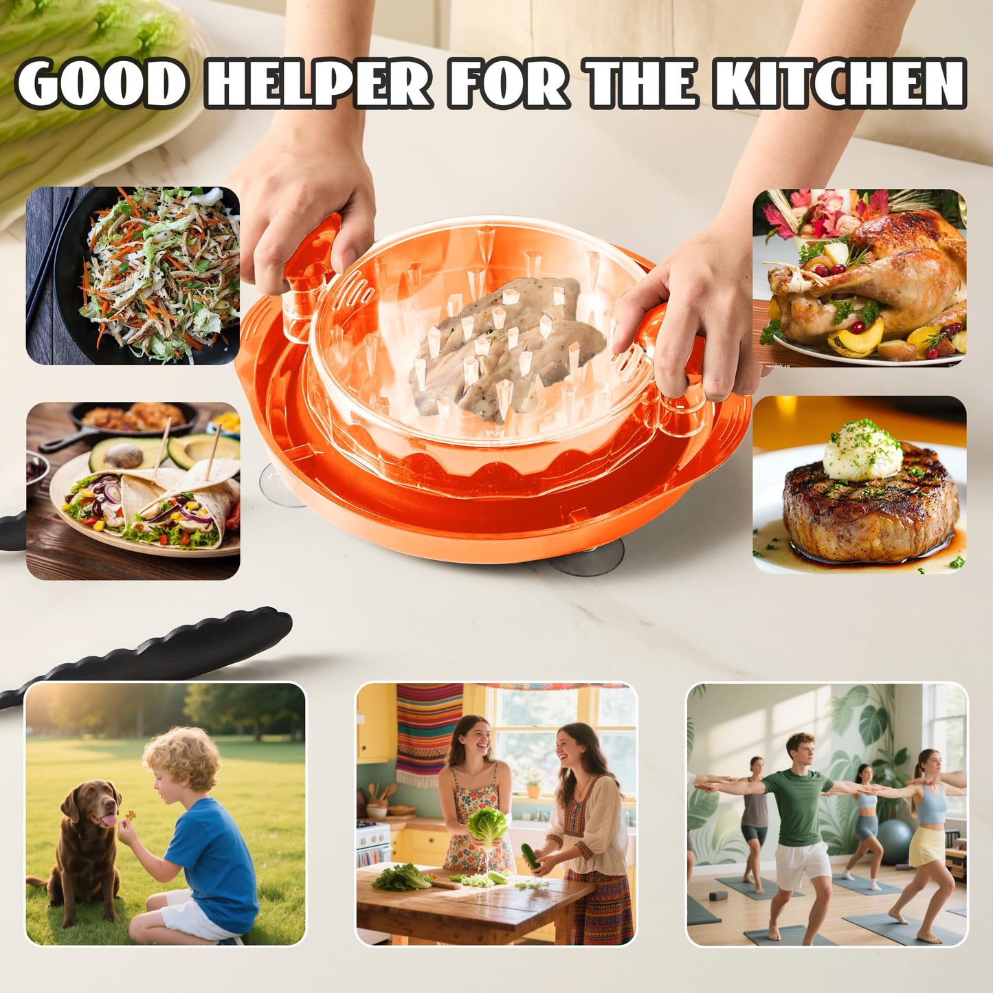 Large Chicken Shredder with Sucker Pad Holder,Strong Anti-Slip Strip,Nice size for shredding meat favorite kitchen gadget,removable piece in the middle for easy clean up,BPA Free, Heat Resistant