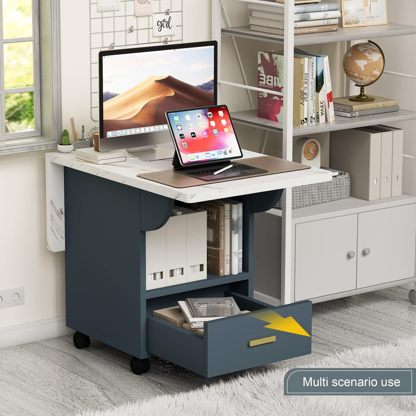 mikibama 39.4" Wooden Folding Kitchen Island with Storage Cabinet & 4 Wheels,White Marble Color Top Rolling Mobile Cart,Expandable Dining Table for Small Spaces,Versatile Side Entryway Table