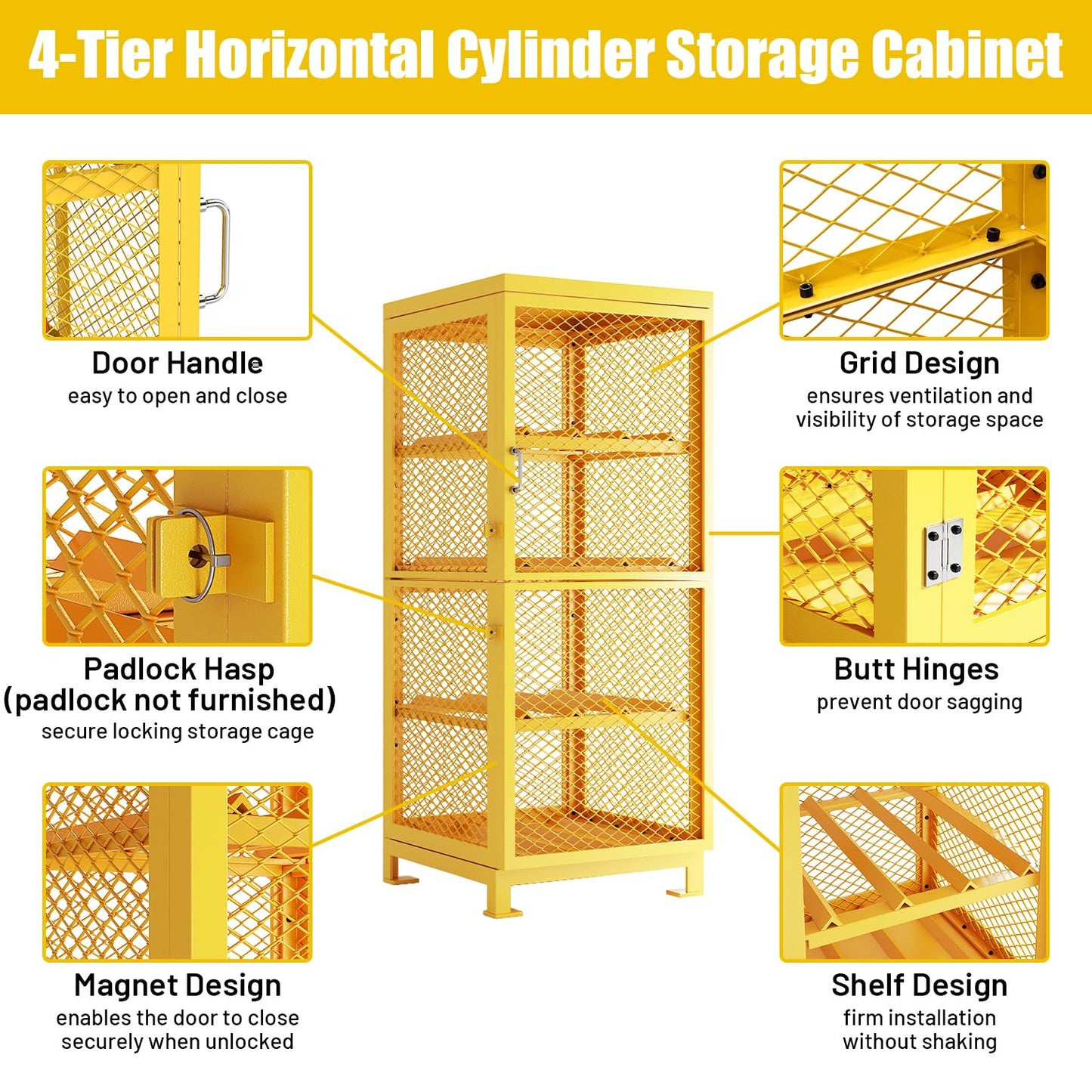 30"L x 30"W x 70"H Steel/Iron Horizontal Cylinder Storage Cabinet, 8 Cylinder Capacity, 4-Tier Propane Storage Cage, Gas Cylinder Cabinet with Lockable Single Doors,Powder Coat Finish Angle Iron Frame