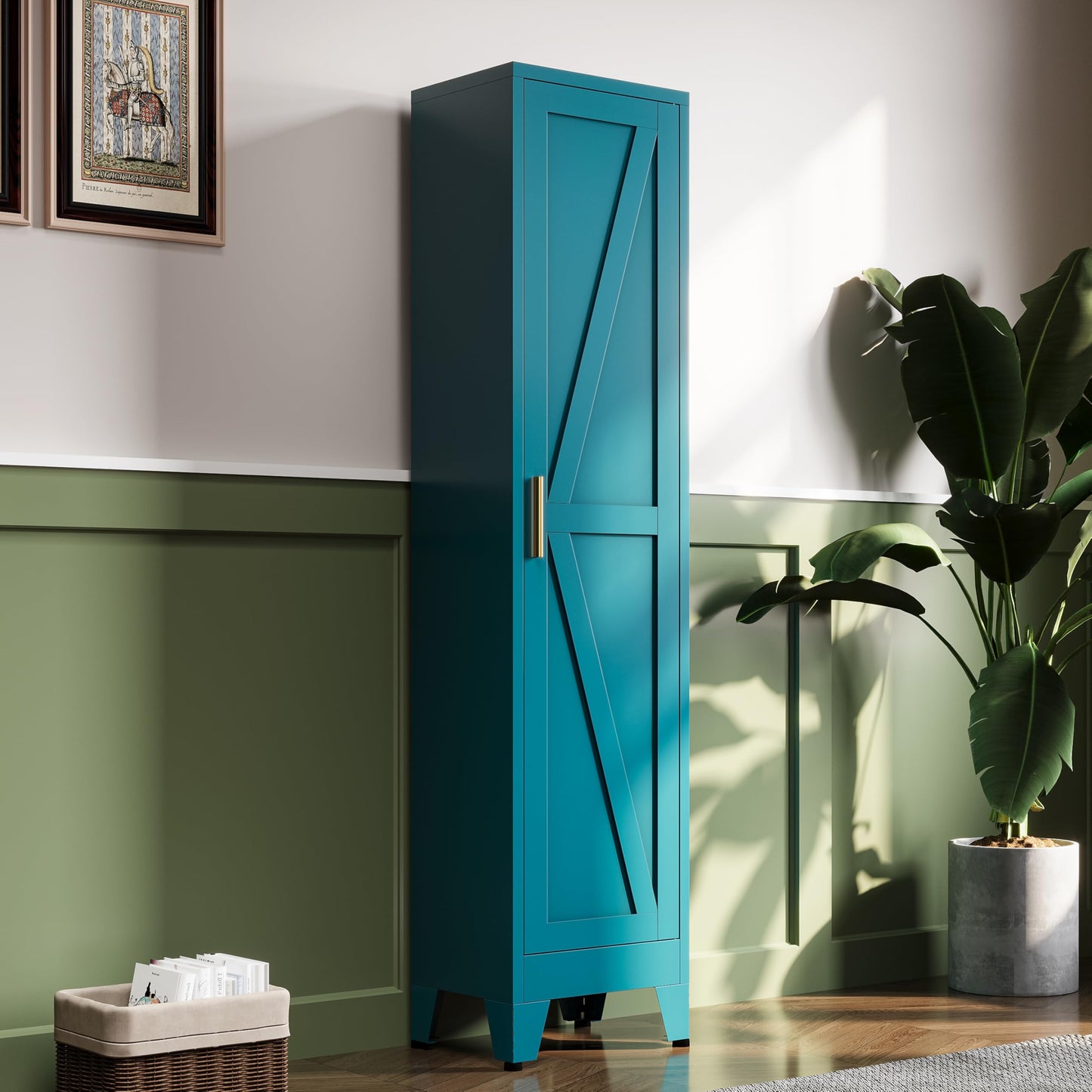 QPRVPTOW 67" H Broom Closet Storage Cabinet,Metal Cleaning Cabinet,Narrow Storage Cabinets with 4 Adjustable Shelves,Slim Tall Floor Cabinet
