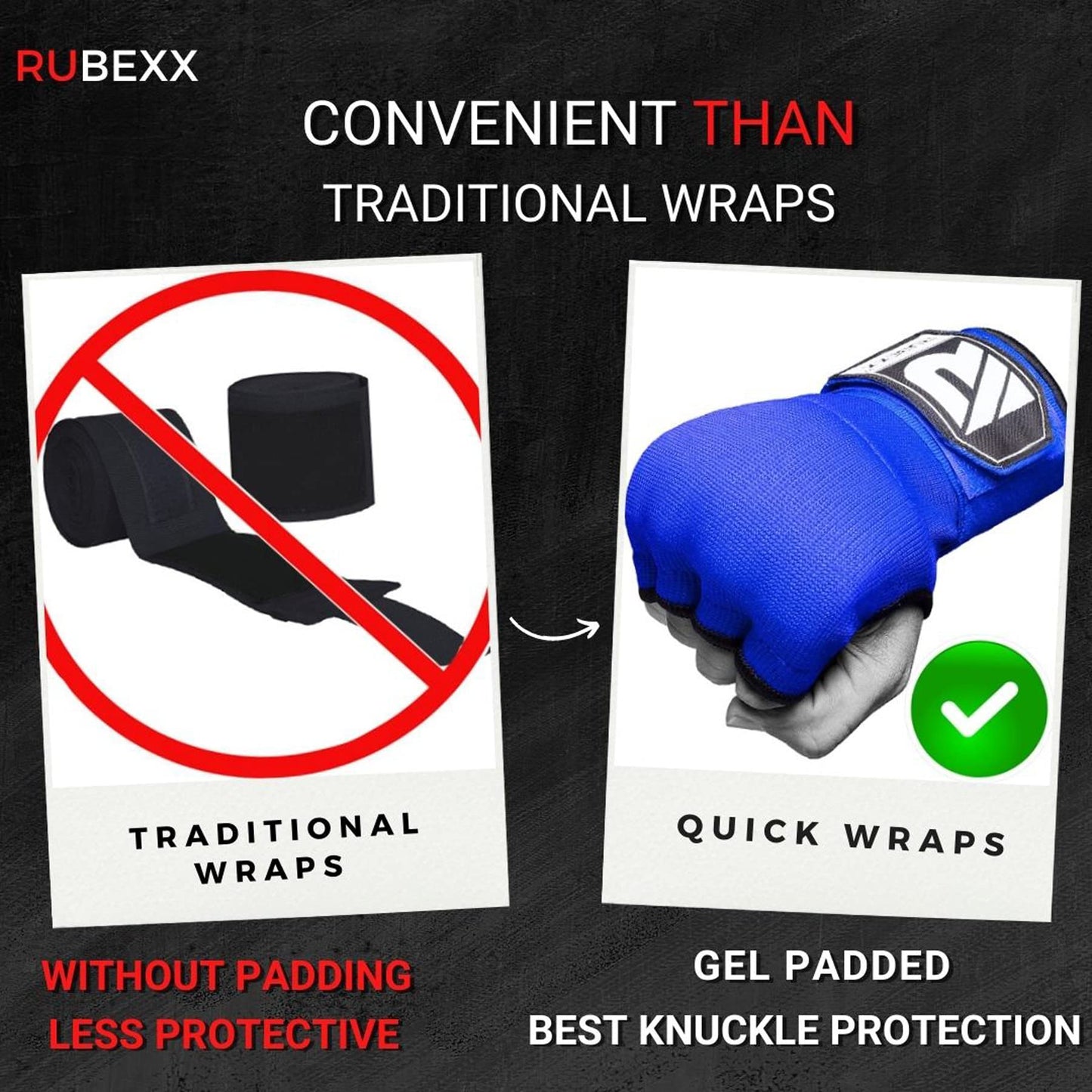 RUBEXX Slip on Boxing Hand Wraps Padded Thick Knuckle Inner Gloves 36 inches Elastic Wrist Strap Quick Wrap Under Mitts Martial Arts Muay Thai MMA Kickboxing Men Womem (Blue, S)