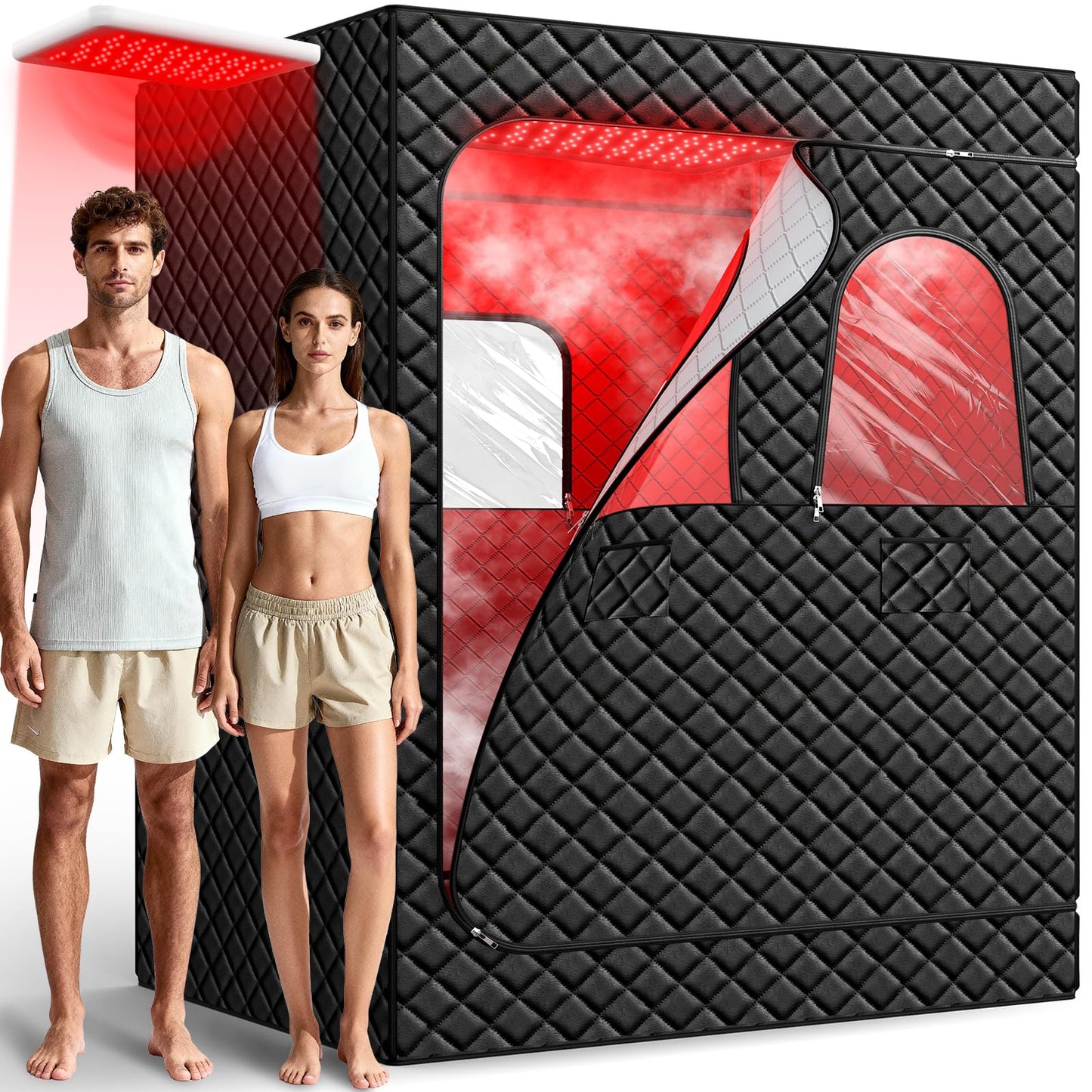 iTHERAU 2 Person Infrared Sauna Box for Home, Portable Steam Sauna Room with 660nm＆850nm Red Light Therapy Lamp, 5-Layer Waterproof, 2 Steamers, 2 Folding Chair