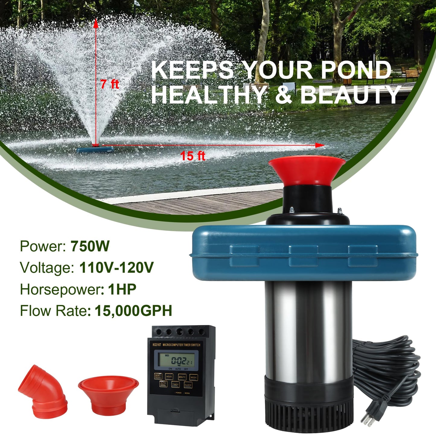 XXK Pond Fountain Aerator, AS2 1HP 750W 15000GPH 110V High Flow Floating Water Fountain Pump With 100ft Power Cord, Stainless Steel Body Aerating Fountains Cascade for Large Small Pond Lake