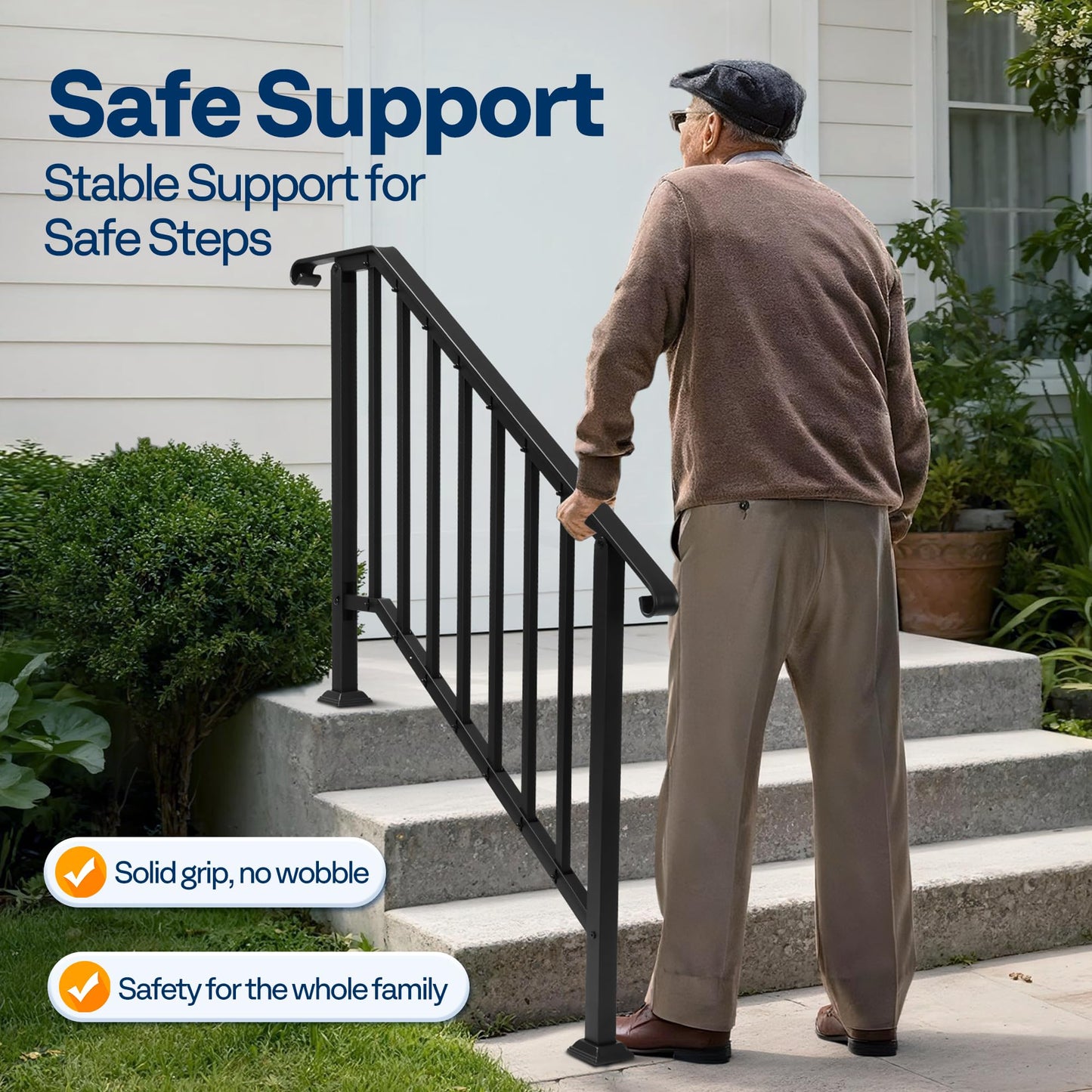 VIVOHOME 2-Pack Galvanized Steel Hand Rails for Outdoor Steps – 40.6" Curved Ends and Safety Balusters Exterior Railing Kit for Porch, Deck, or Indoor Stairs (4-Step, Black)