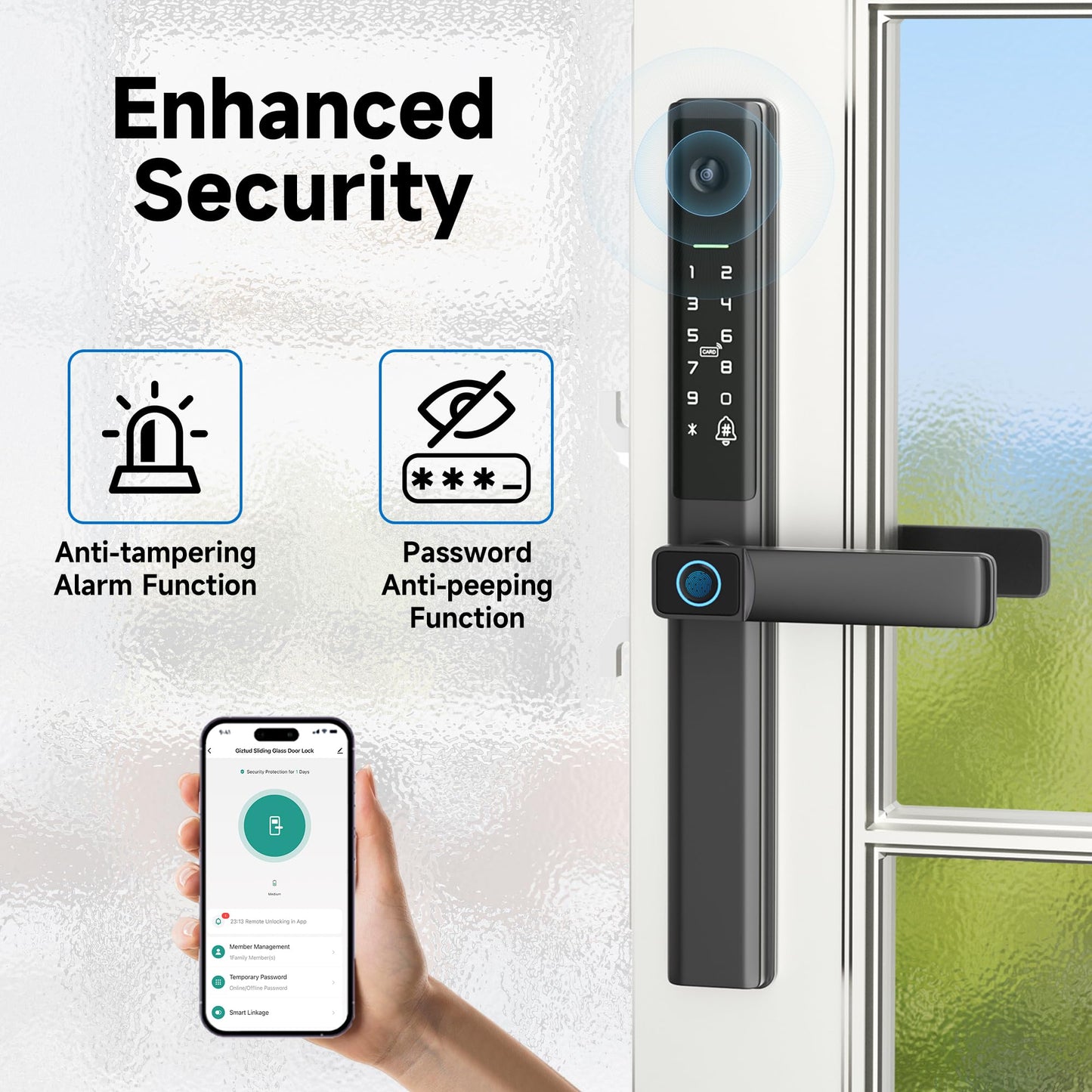 Sliding Glass Door Smart Lock with Handle Keyless Entry Sliding Door Lock with Image Doorbell Fingerprint Code RFID Card Keypad Key WiFi Remote Replacment Slim Thin Frame Patio Door 2885 Mortise Lock