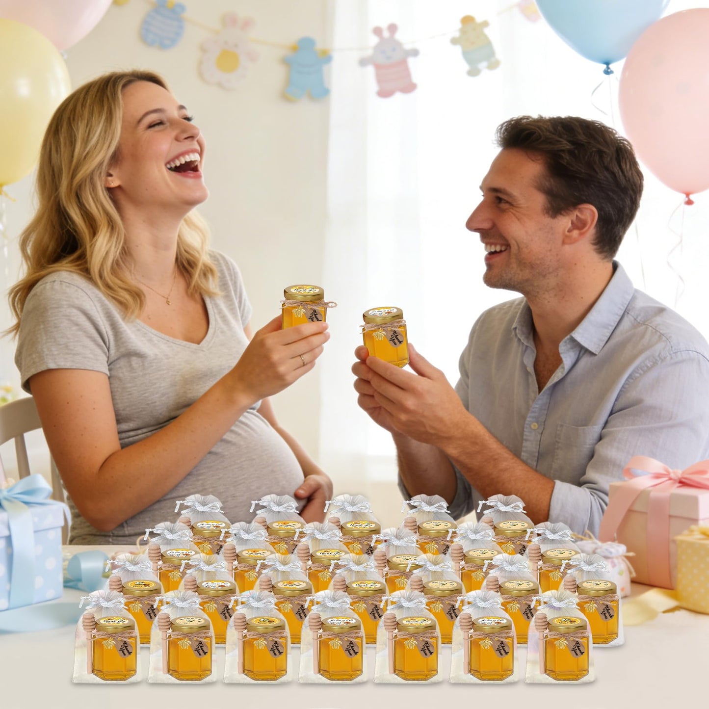 Aliggbent 70 Pack Small Honey Jars for Party Favors in Bulk, 3 oz Mini Hexagon Glass Honey Jars with Dippers, Lids, Cute Stickers, Bee Charms, Gift Bags and Jute for Baby Showers, Weddings, Birthdays