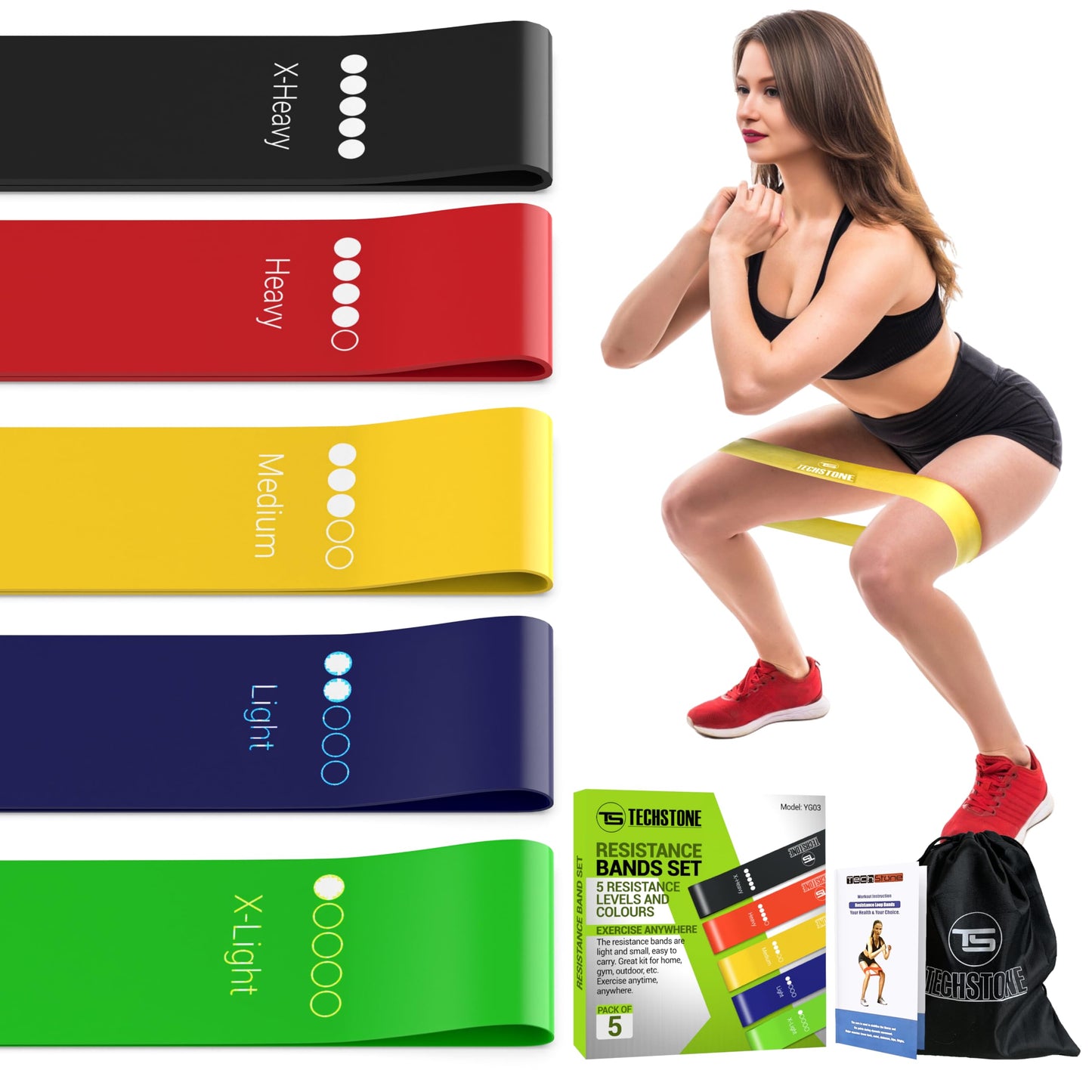 TechStone Resistance Bands Set – 5 Levels Loop Exercise Bands for Men & Women, Elastic Workout Bands for Home Gym, Training, Yoga & Fitness, Carry Bag Included (Multicoloured)