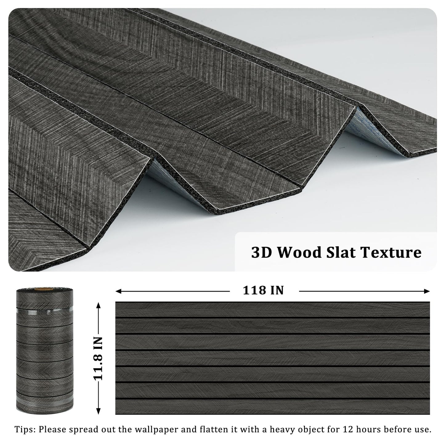 STICKEEP Self Adhesive Wood Slat Wall Paneling Grey/Black 3D Wood Panels for Wall Decor Soundproof Peel and Stick Wooden Grain Panel Wallpaper for Living Room Bedroom Dinner Office 11.8" x 118"