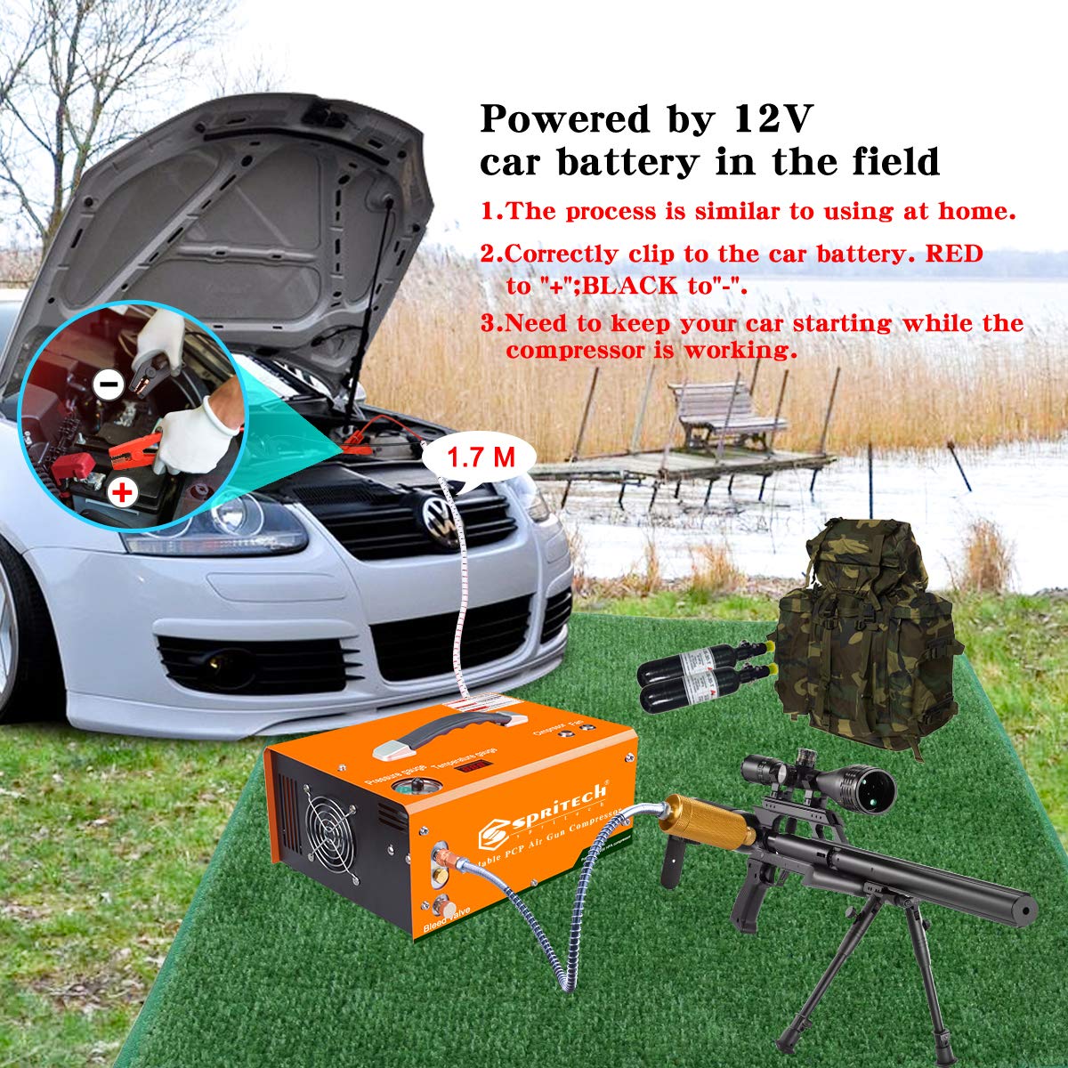 Spritech PCP Air Compressor,Auto-shutoff 4500Psi/30Mpa Oil/Water-Free Set-pressure Air Gun and Paintball Tank Pump with Water/Oil Separator,Built-in Power Adapter(110V AC or 12V Car Battery)
