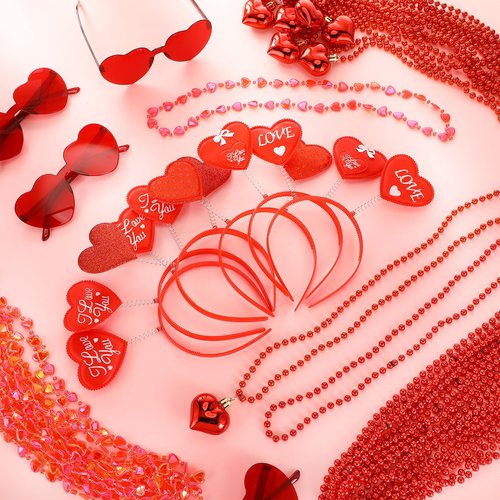 Kanayu 108 Pcs Valentines Day Accessories 36 Valentines Heart Headbands 36 Heart Shaped Sunglasses 36 Bead Necklaces for Valentine Party Favors Supplies Bachelorette Decorations(Red)