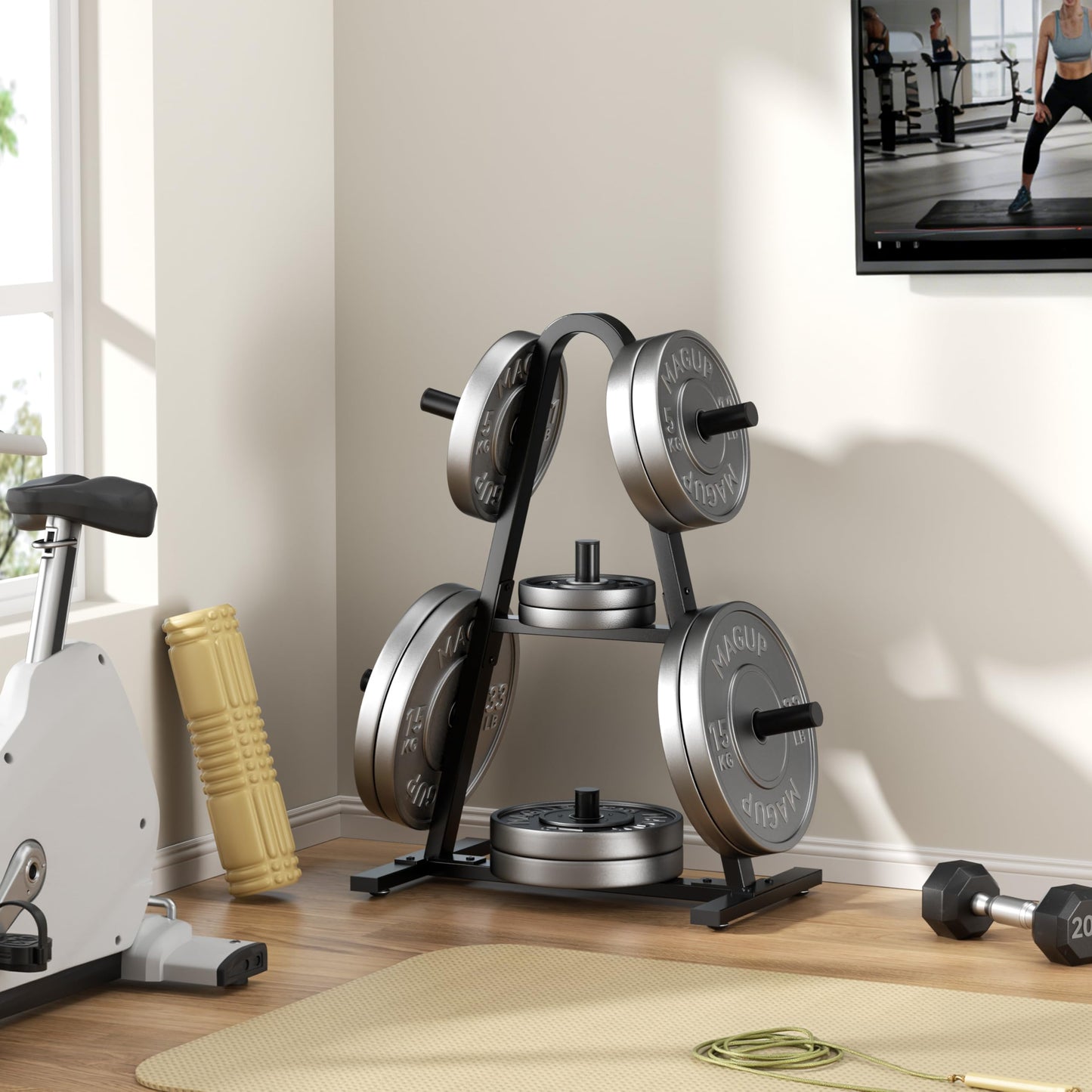 Olympic Weight Plate Rack 400LBs, Heavy Duty Weight Tree Rack for 2-Inch Plates, Barbell & Bumper Plate Storage, Free Weight Rack & Gym Plate Holder for Home Gym