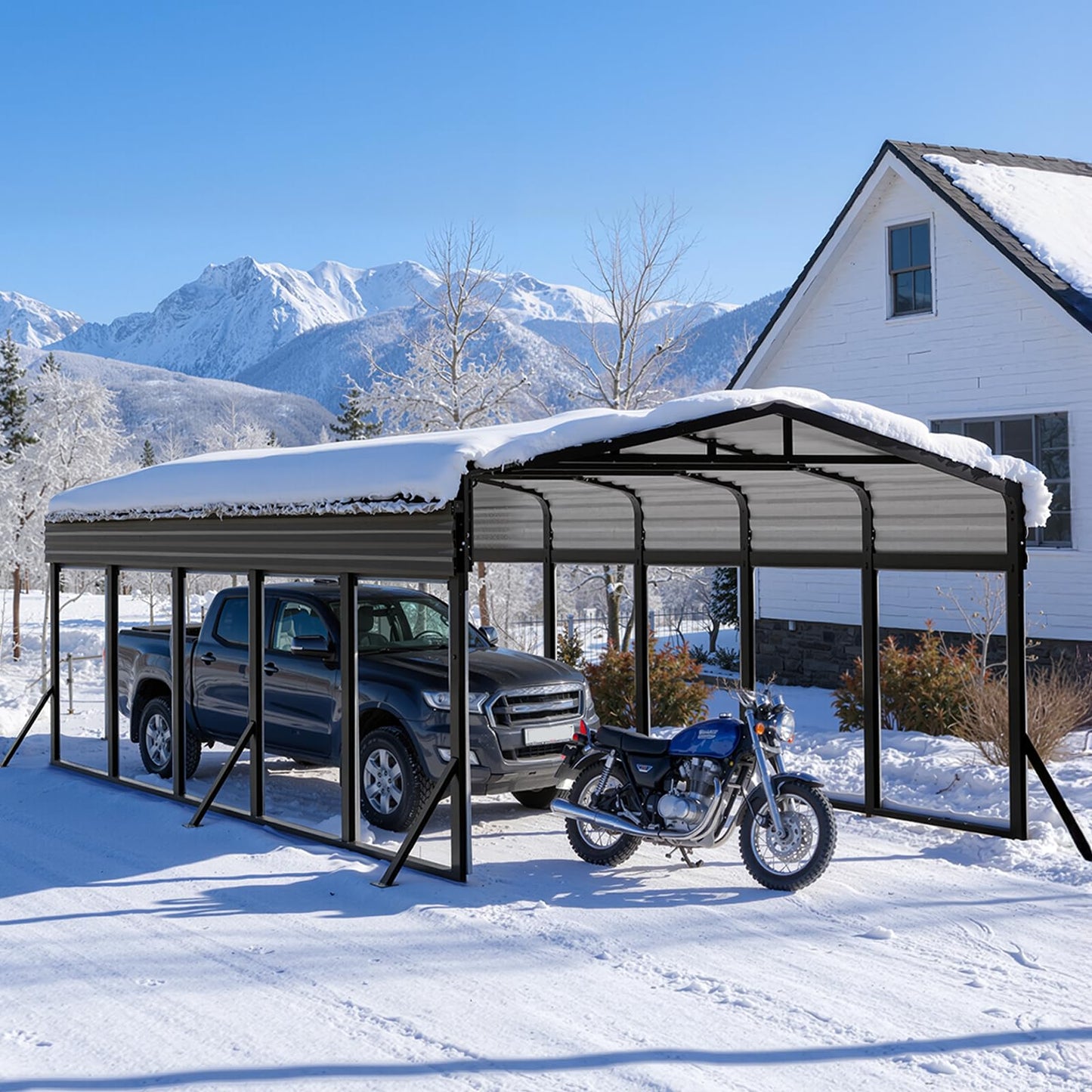 12x25FT Metal Carport, Extended Heavy Duty Carport with Reinforced Frame & Side Support Poles for All-Weather, Large Car Port for Pickup Trucks, Boats, Cars & Tractors