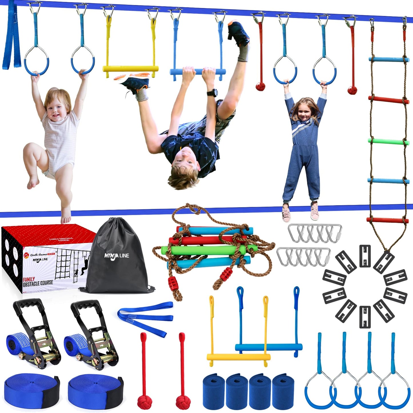 Ninja Warrior Obstacle Course for Kids,2×56ft Slackline Kit with 10 Ninja Accessories - Monkey Bar,Rope Ladder,Gymnastic Ring,Arm Trainer and Monkey Fist+Fast-Setup Buckles,Supports 880 lbs