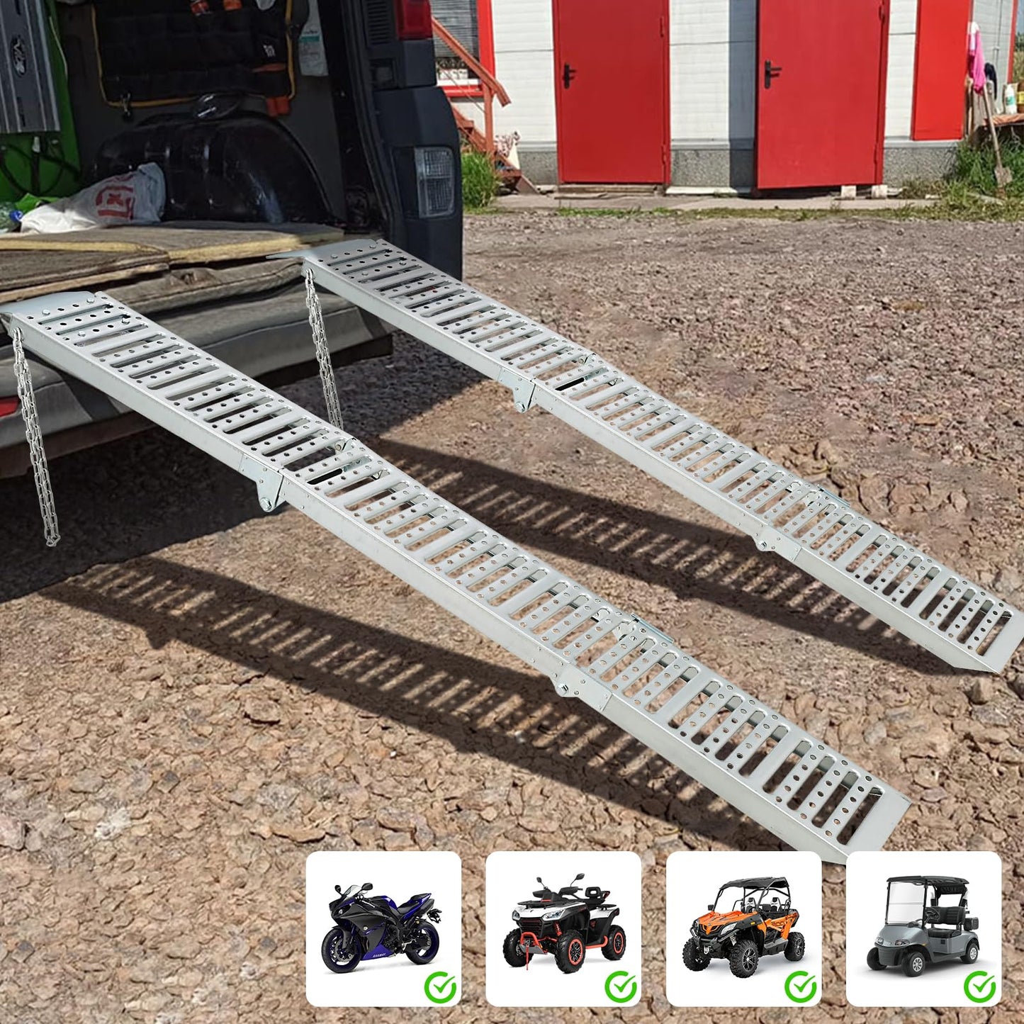72x9 Inch Foldable Ramps, Folds into Three Sections, Set of Two ATV Ramp, Silver Color, Total Weight Capacity 1500 lbs Ramp for Lawn Mower