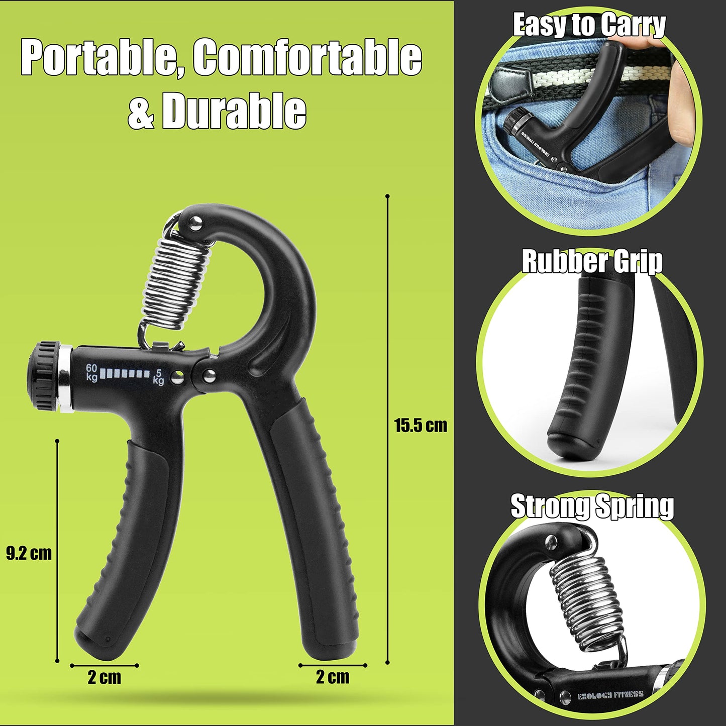 Exology Fitness Grip Strength Trainer 11lbs-132lbs (5kg-60kg)– Non Slip Hand Grip Strengthener with Stainless Steel Spring for Improving Hand, Finger, and Forearm Strength